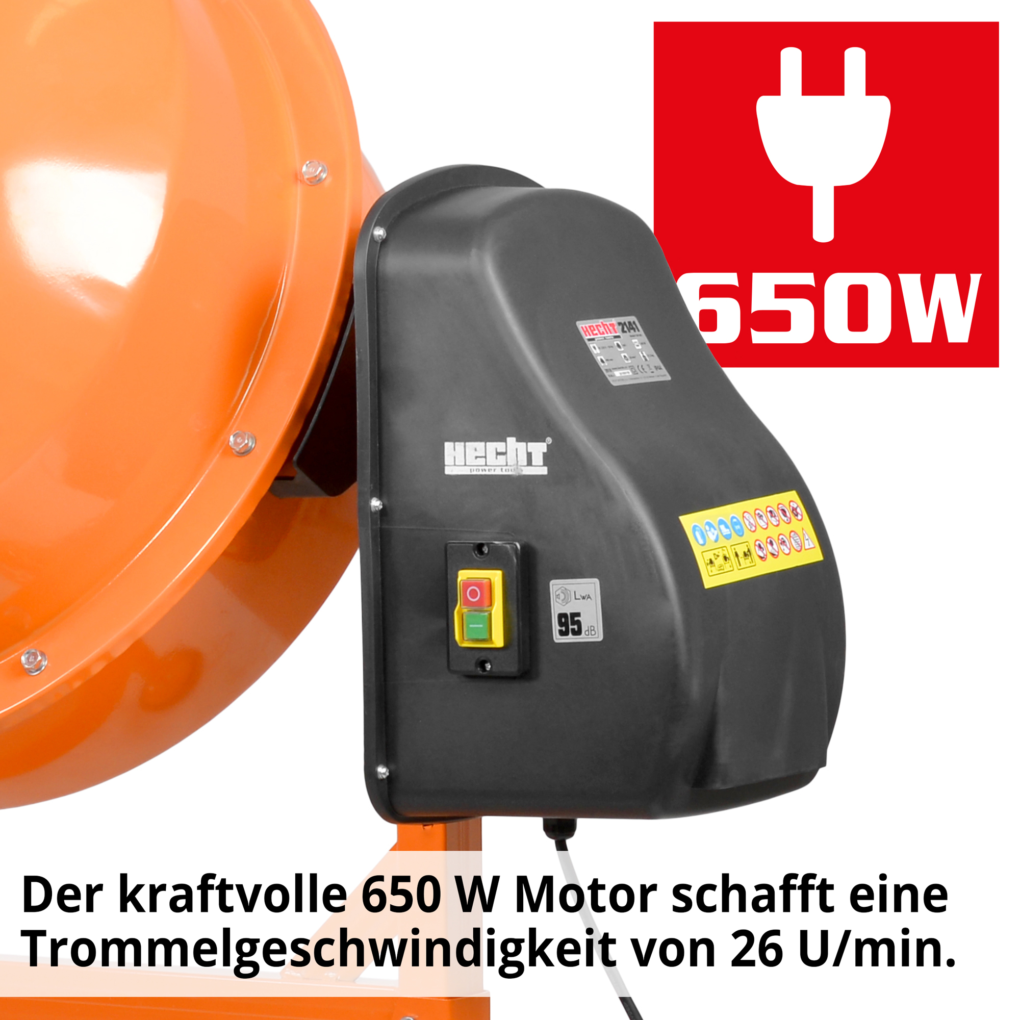 HECHT Betonmischer 2141 Betonmischer mit kraftvollem 650 W Motor und 26 U/min Trommelgeschwindigkeit