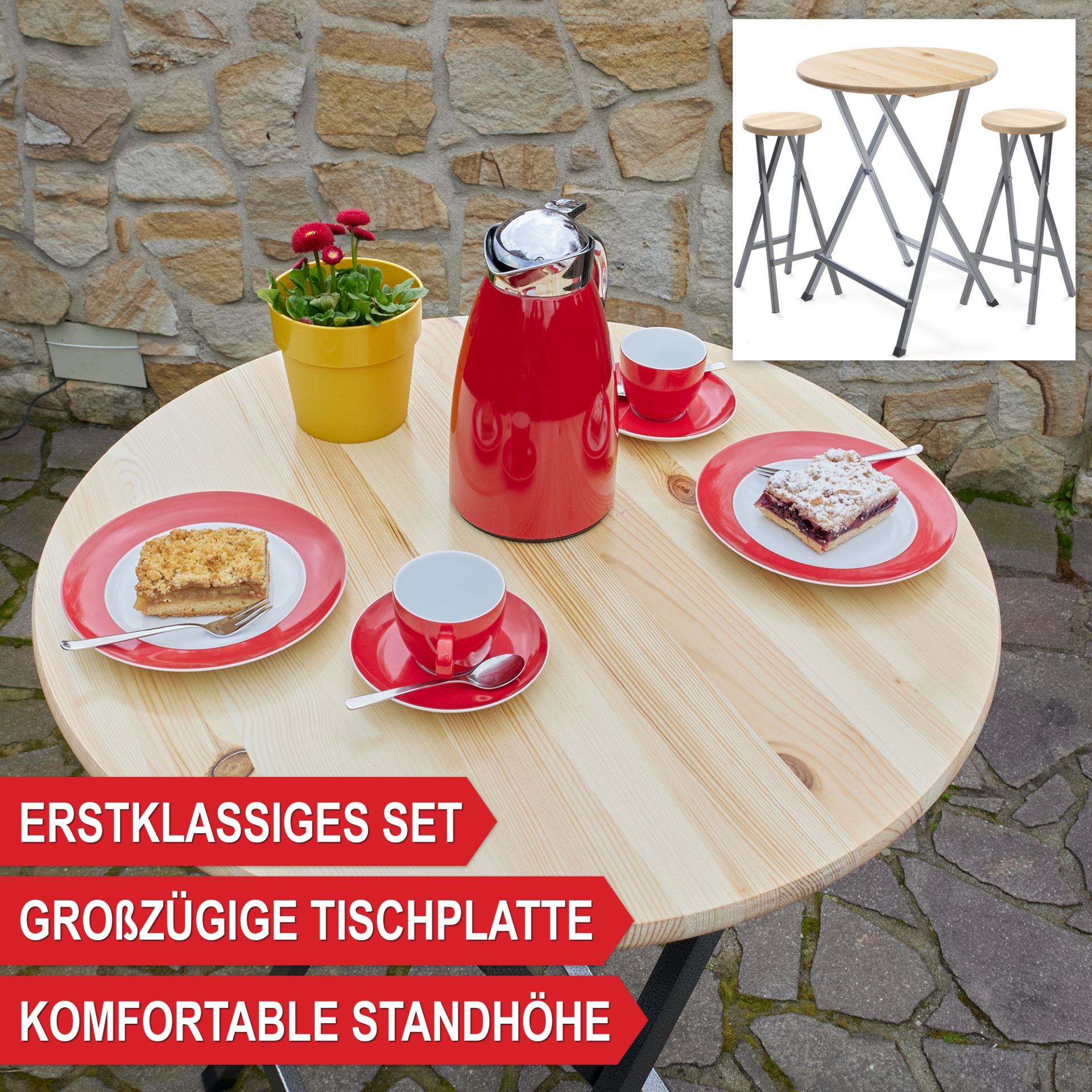 Stehtisch Set mit Holzplatte - Erstklassiges Set, großzügige Tischplatte, komfortable Standhöhe