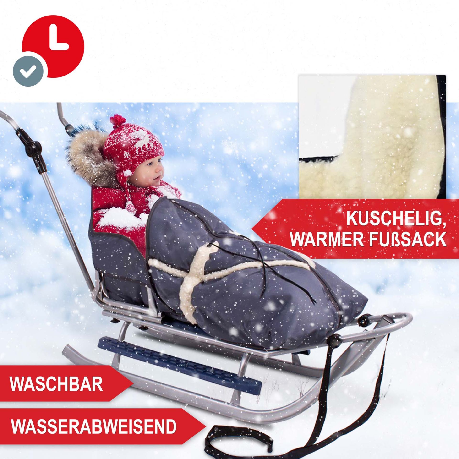 Kuschelig, warmer Fußsack, waschbar und wasserabweisend - Holzschlitten