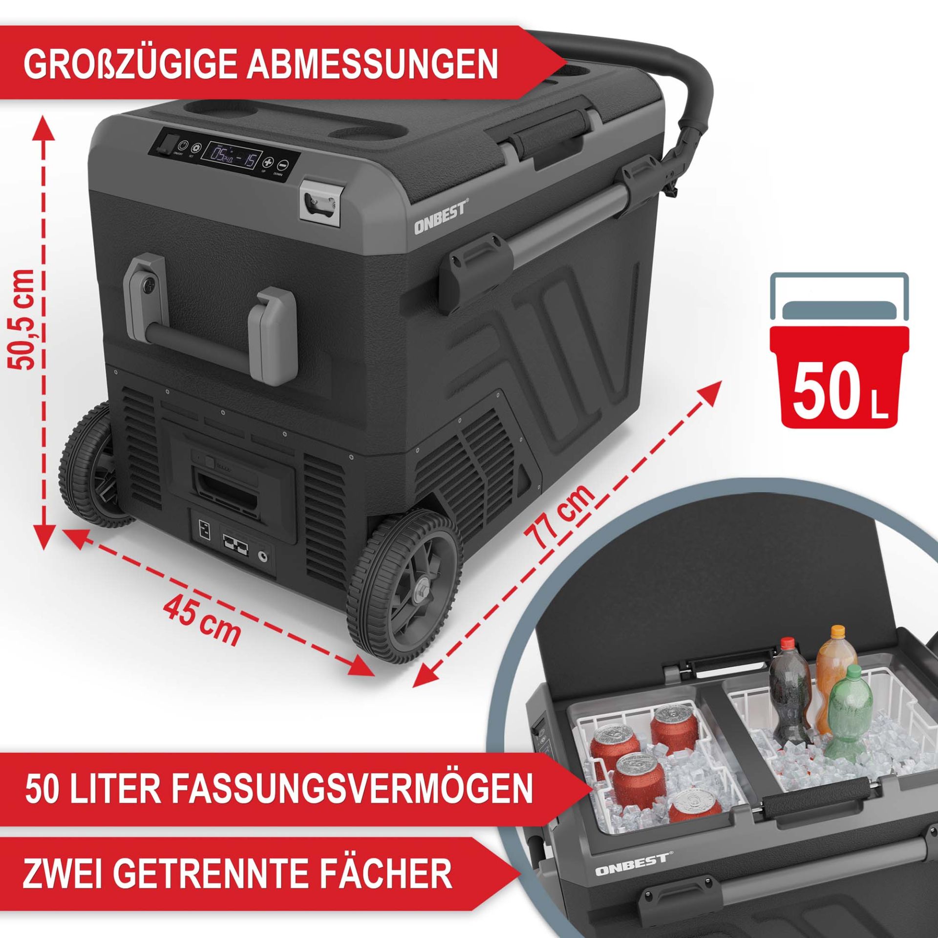 Kompressor Kühlbox 50 Liter - Großzügige Abmessung; 50 Liter Fassungsvermögen; 2 getrennte Fächer Kompressor Kühlbox 50 Liter - Großzügige Abmessung; 50 Liter Fassungsvermögen; 2 getrennte Fächer