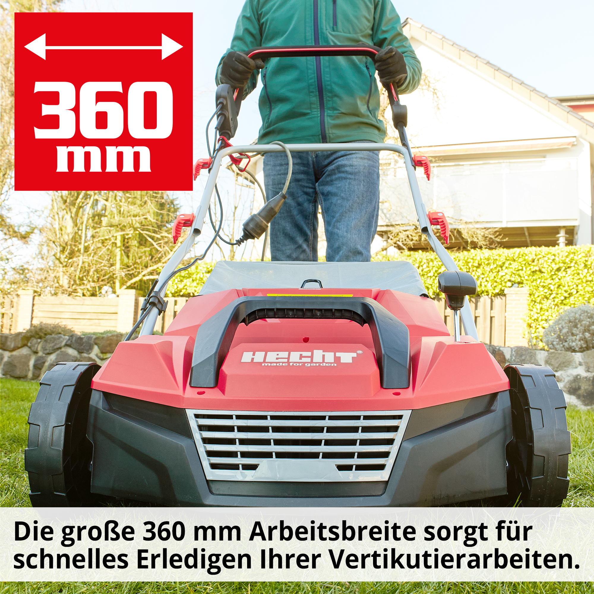 Arbeitsbreite 36 cm Vertikutierer Elektro Rasenlüfter HECHT 1683 im Garten Einsatz (Dieses Bild wurde mit Hilfe von KI generiert.)