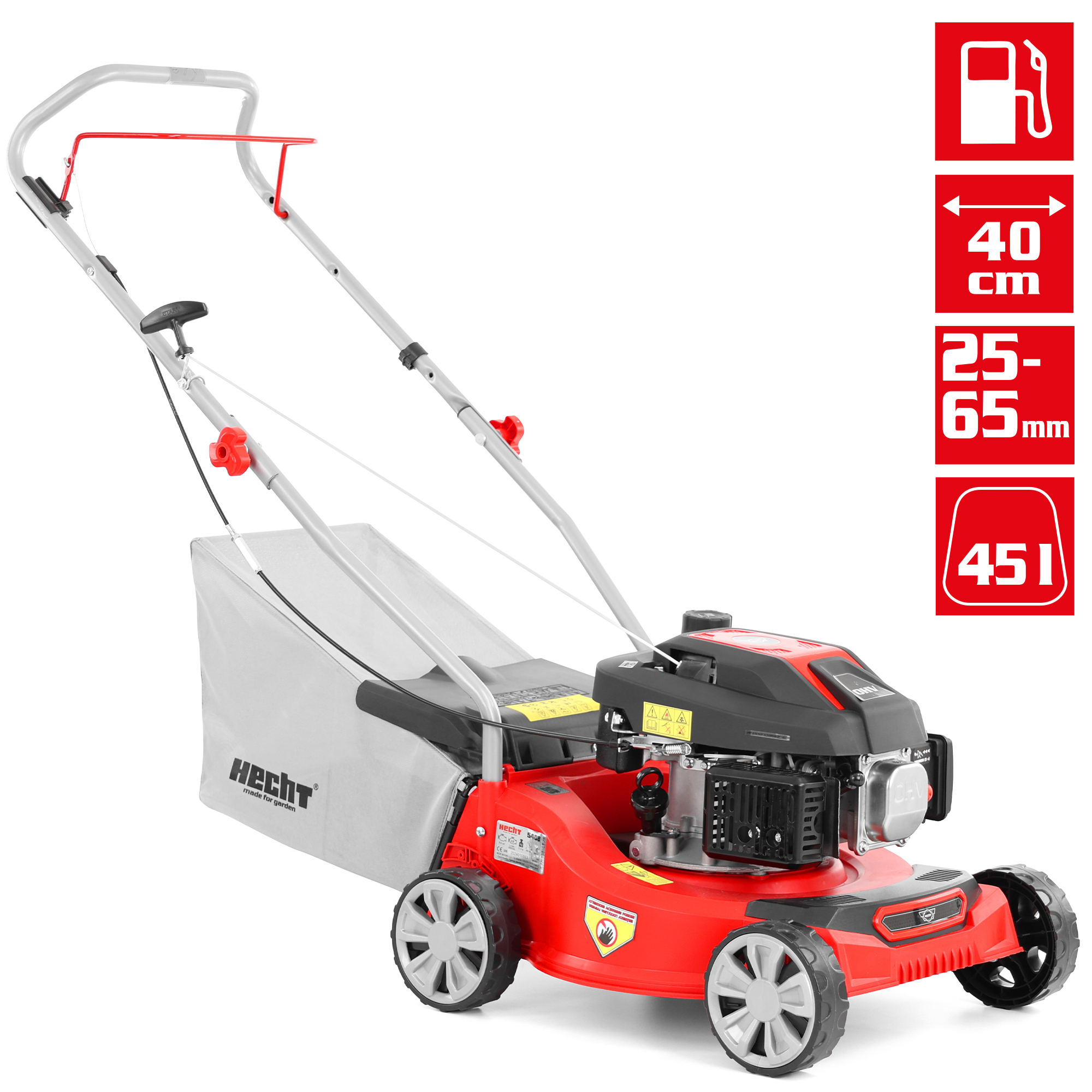 Benzin-Rasenmäher mit 25-65 mm Schnitthöhenverstellung 40 cm Schnittbreite Benzin-Rasenmäher mit 25-65 mm Schnitthöhenverstellung 40 cm Schnittbreite