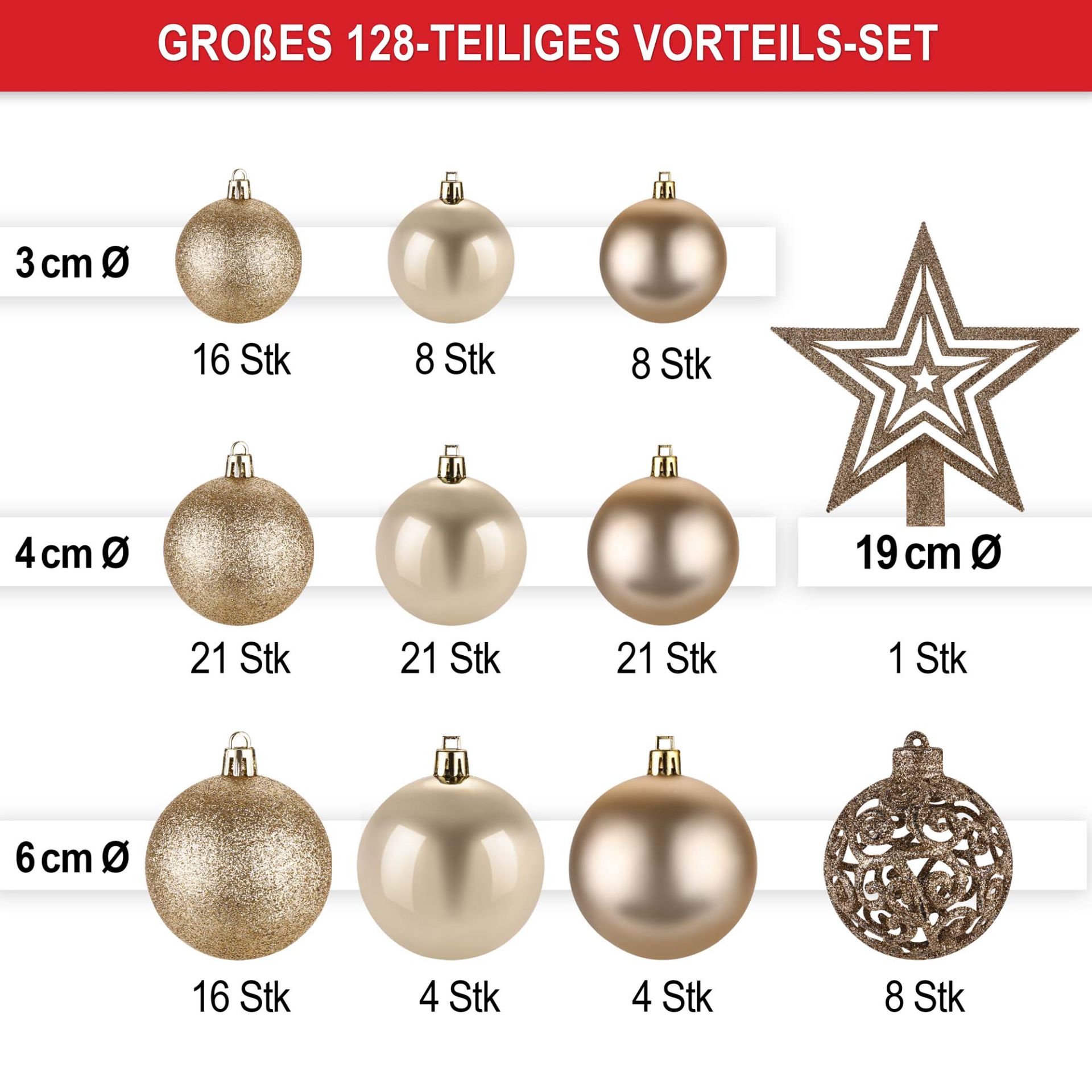 Weihnachtskugeln Champagner - Großes 128 teiliges Vorteils-Set, kleine, mittlere , große Kugeln und Stern