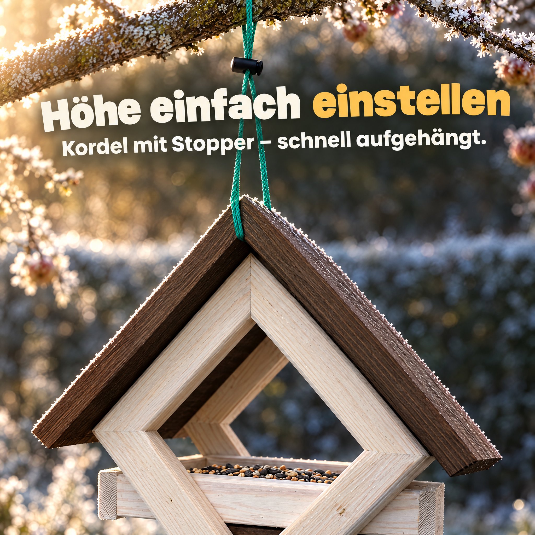 Vogelhaus Aufhängung: Kordel mit Stopper für schnelle Höhenverstellung (Dieses Bild wurde mit Hilfe von KI generiert.)