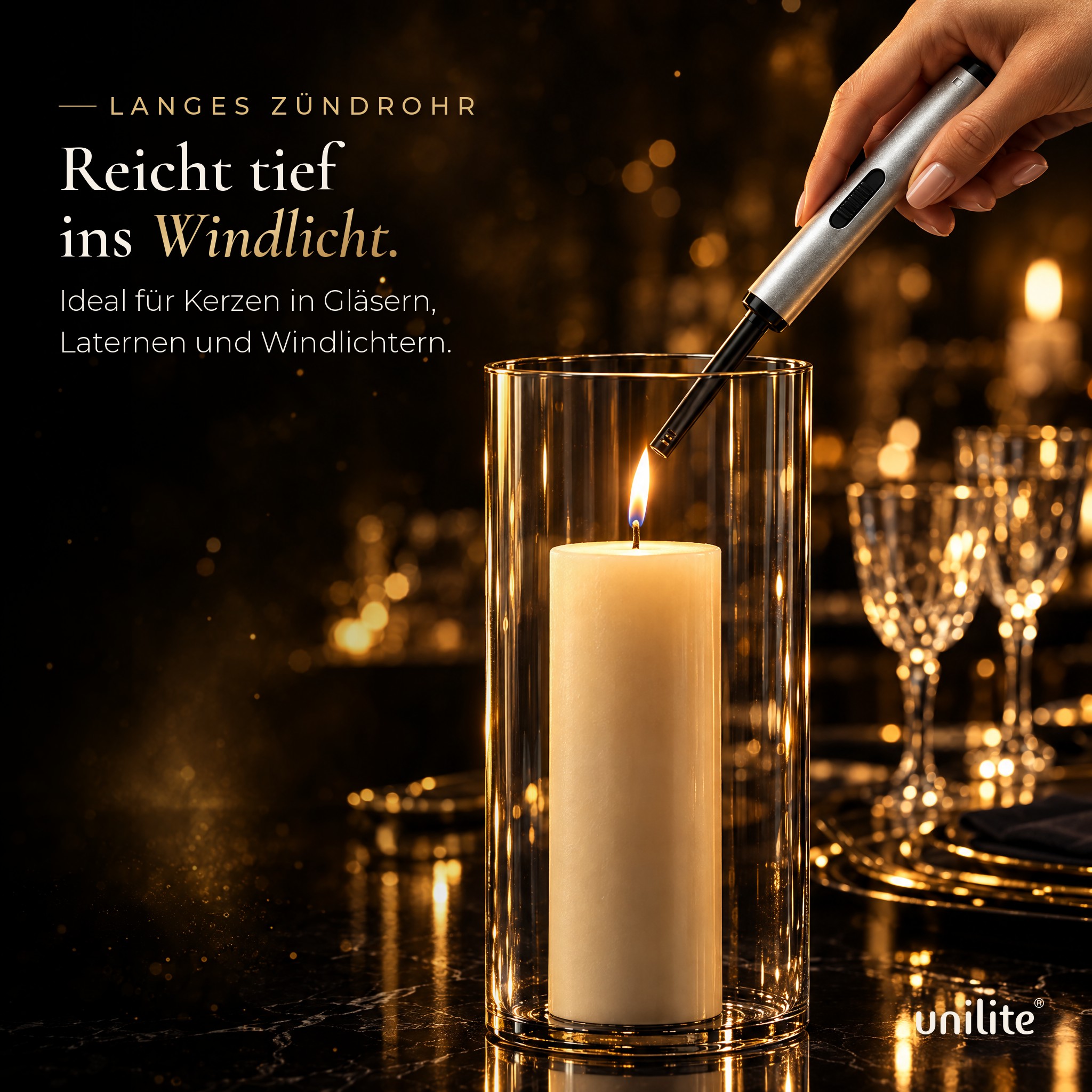 Kerzenfeuerzeug unilite: Reicht bequem tief in Windlichter und Laternen (Dieses Bild wurde mit Hilfe von KI generiert.)