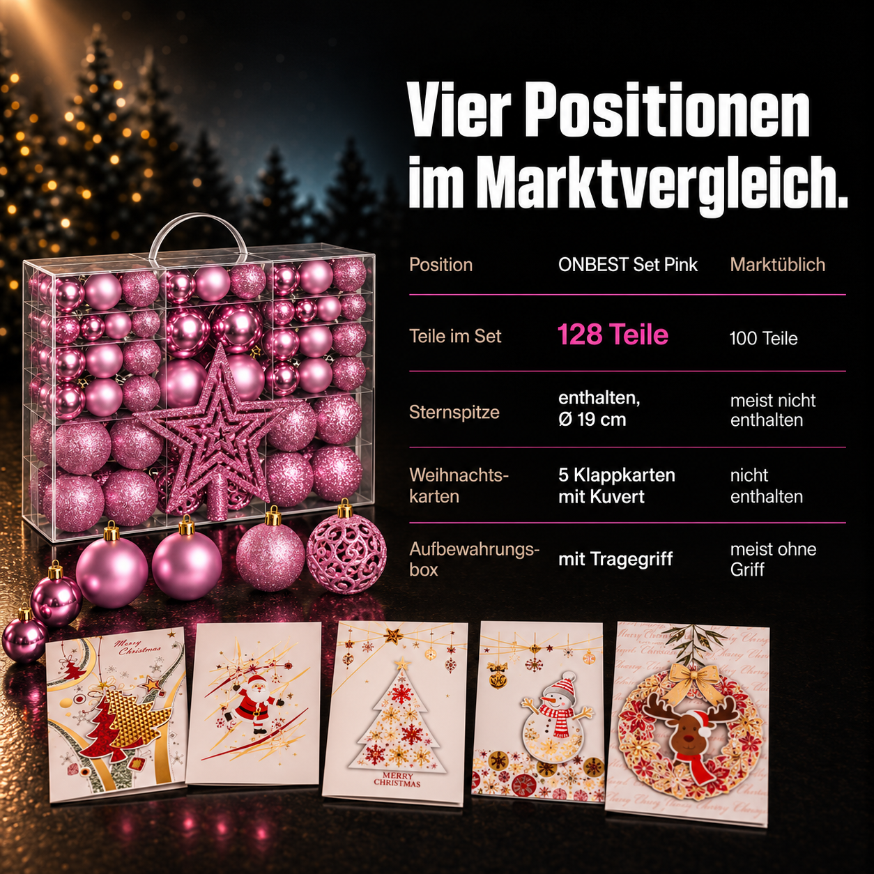 ONBEST Weihnachtskugeln im Vergleich: 128 Teile mit Stern und Karten (Dieses Bild wurde mit Hilfe von KI generiert.)