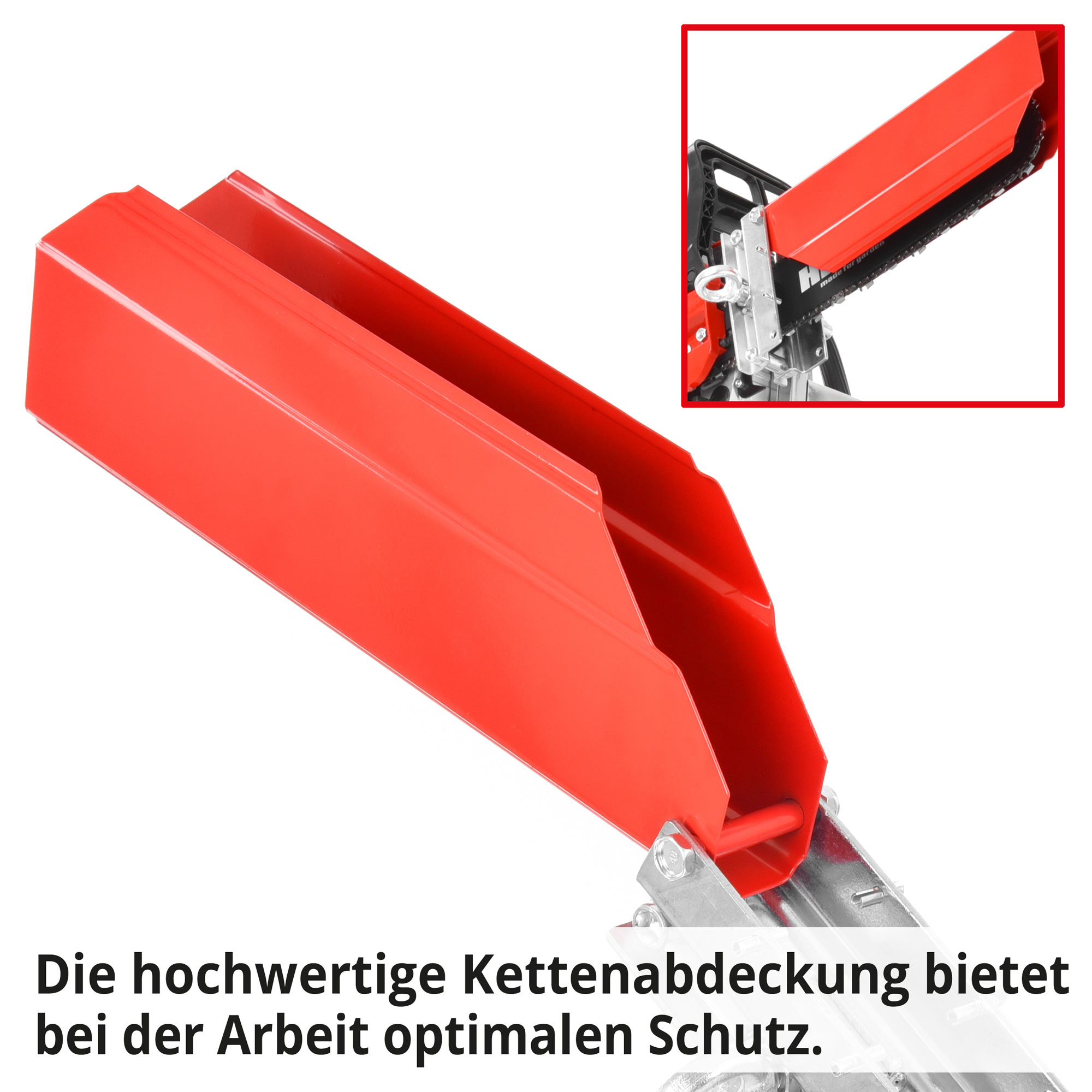 HECHT 902 Sägebockständer; Die hochwertige Kettenabdeckung bietet bei der Arbeit optimalen Schutz