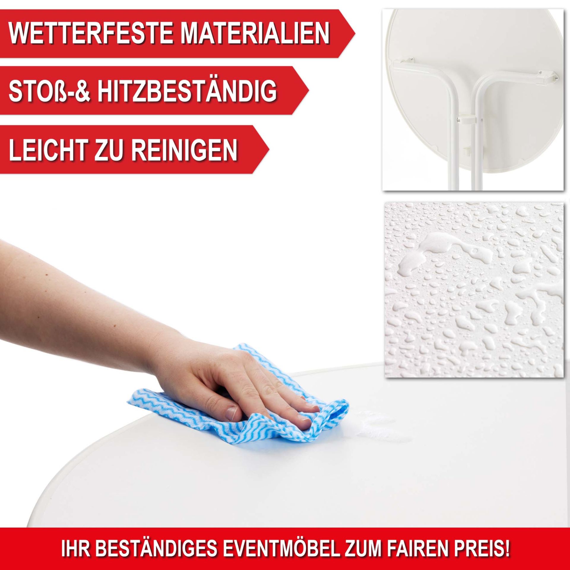 Wetterfeste Materialien, Stoß- und Hitzebeständig, Leicht zu reinigen - Stehtisch mit Tischhusse weiß