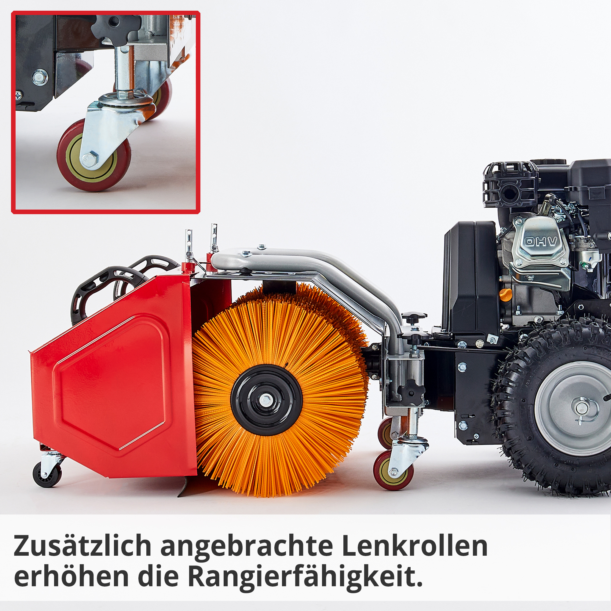 Hecht 8615 Kehrmaschine SET; Zusätzlich angebrachte Lenkrollen erhöhen die Rangierfähigkeit