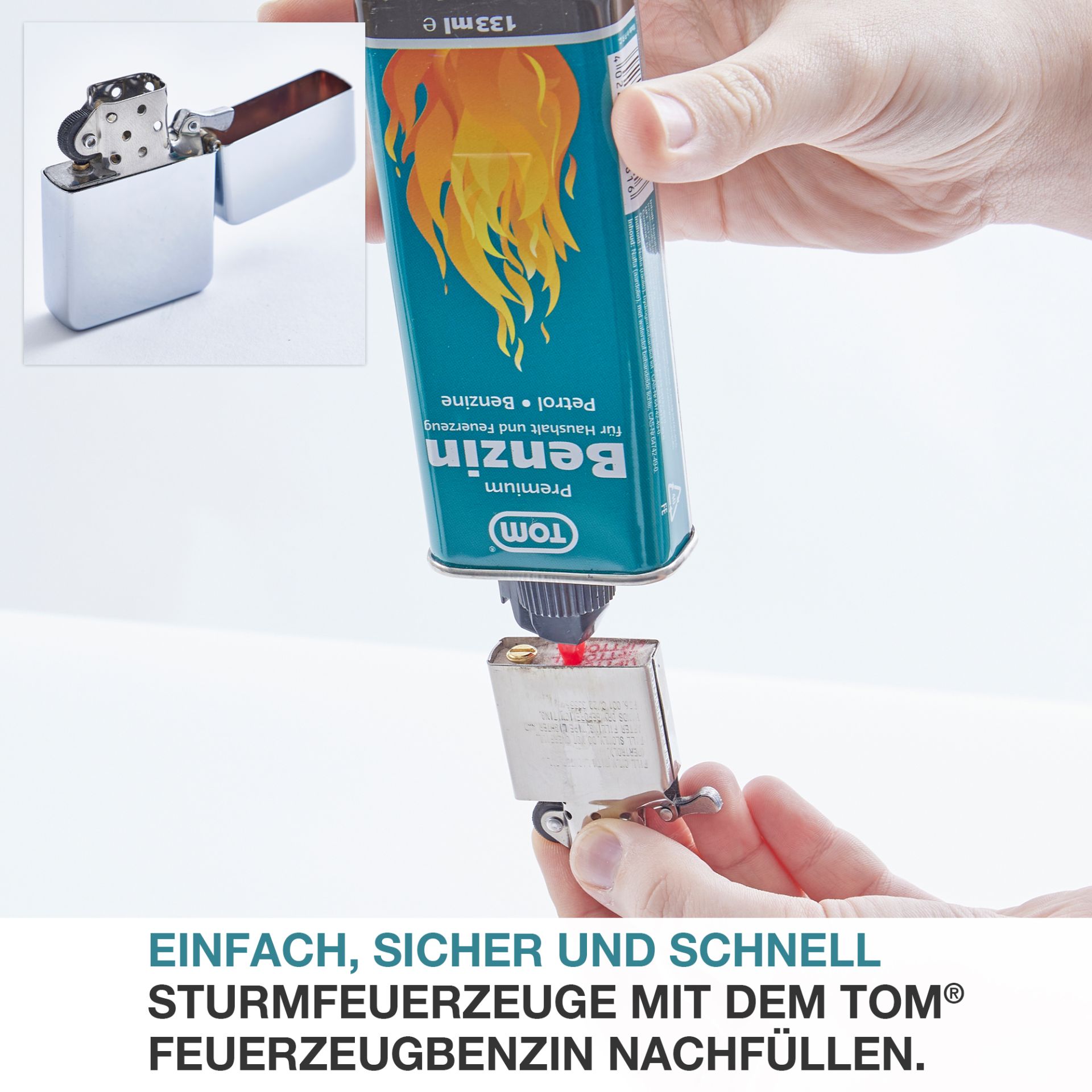 TOM LF-133 Feuerzeug Benzin; einfach, sicher und schnell Feuerzeuge nachfüllen