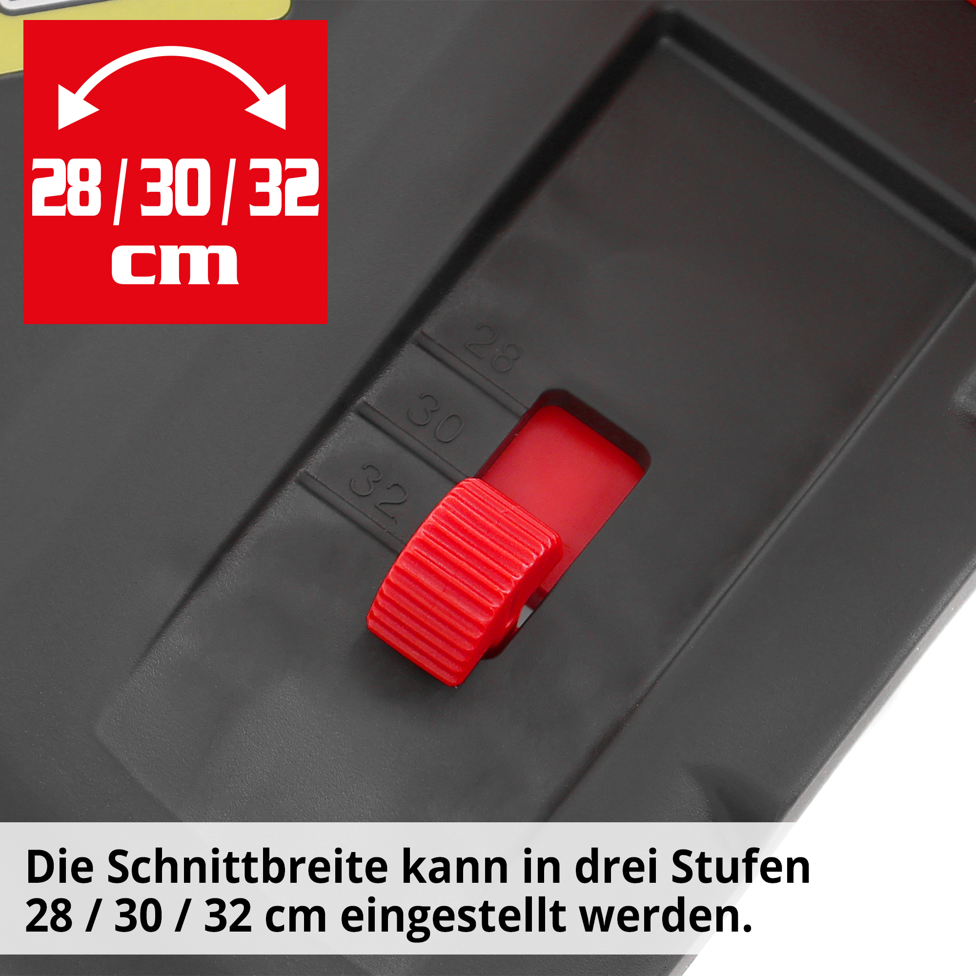 Akku Freischneider; Schnittbreite in drei Stufen einstellbar (28/30/32 Zentimeter)