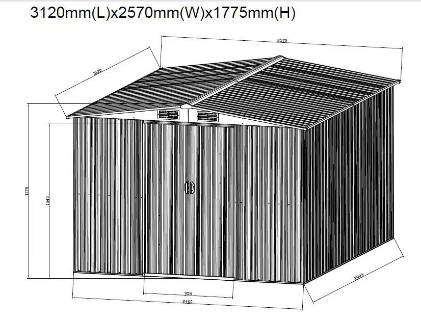 Skizze Gerätehaus mit technischen Abmessungen