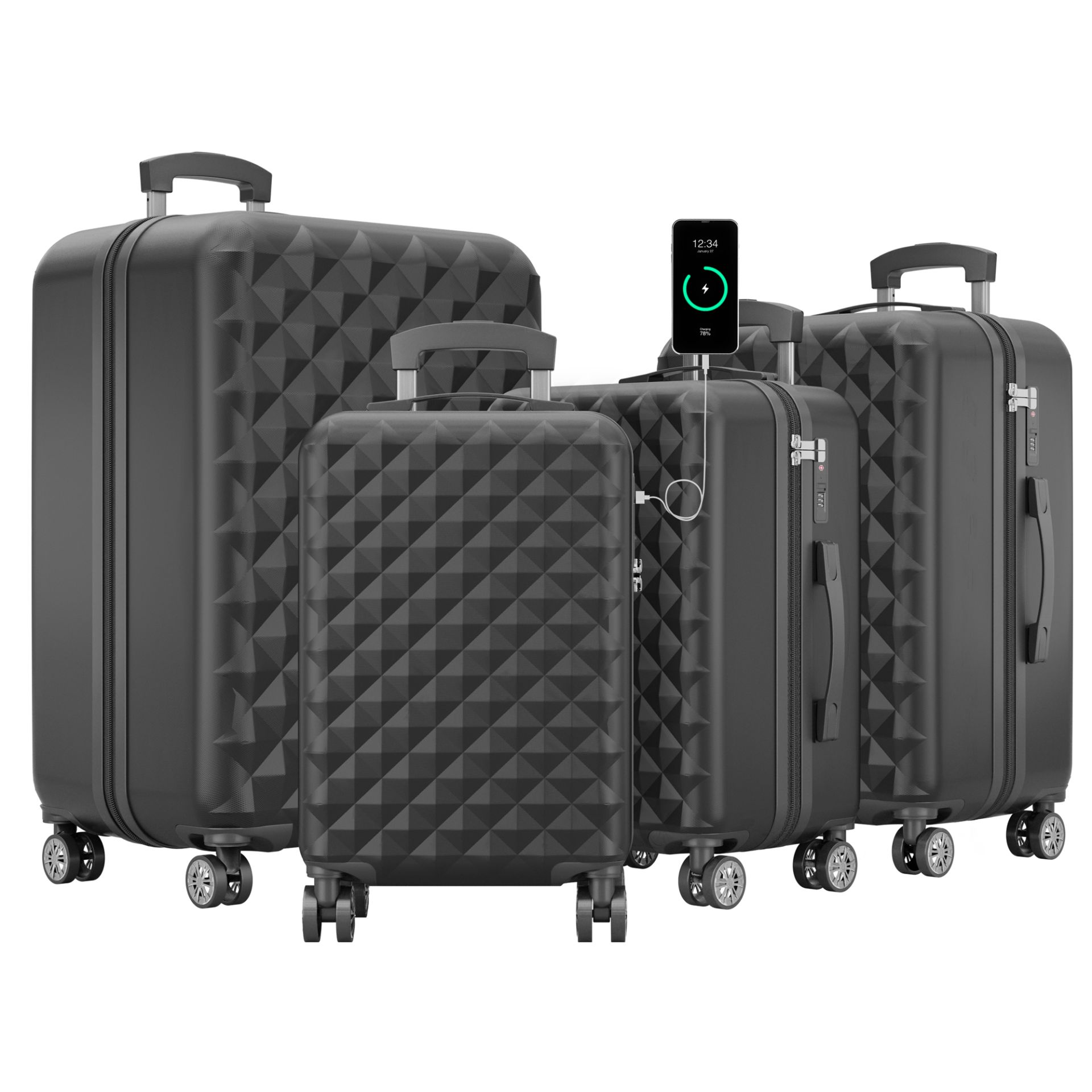 Kofferset ONBEST in Schwarz mit USB-Anschluss – 4 Größen für jede Reisedauer im eleganten Design