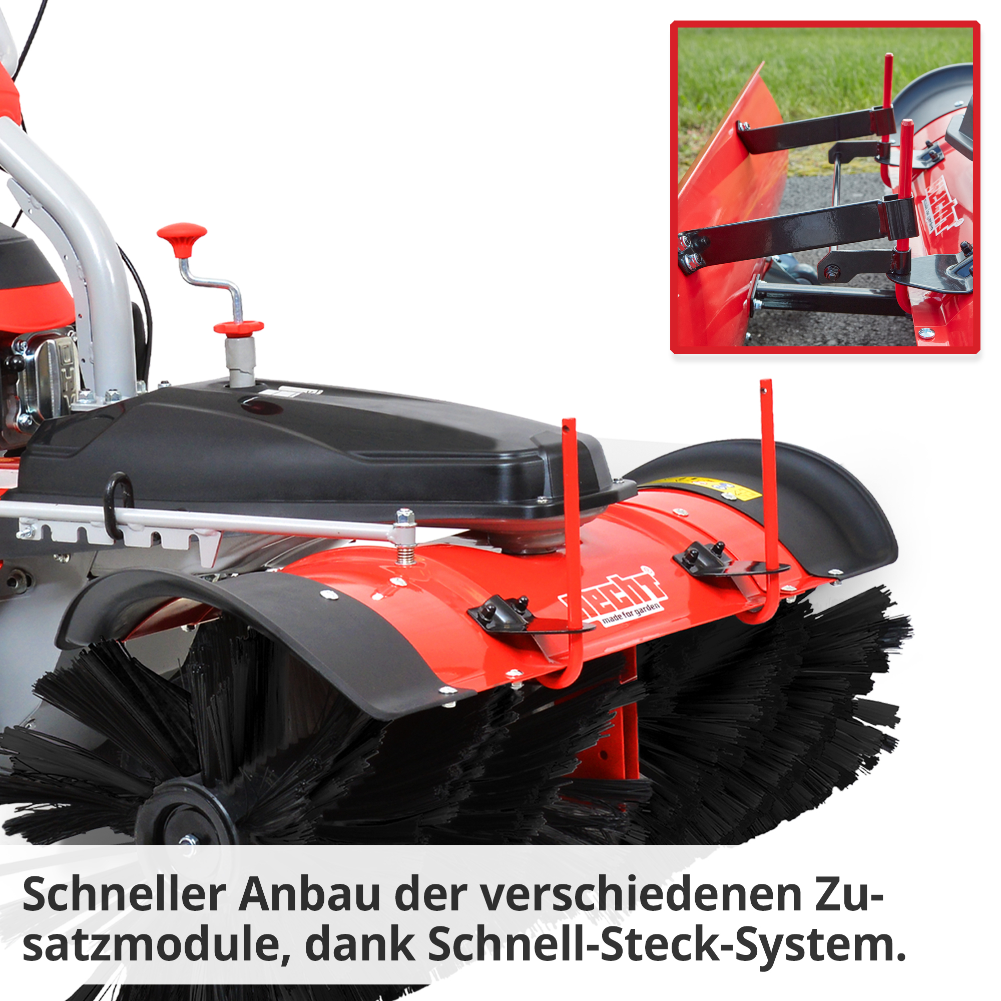 HECHT Benzin Kehrmaschine 8101 S Kehrmaschine schneller Anbau der verschiedenen Zusatzmodule per Schnell-Steck-System