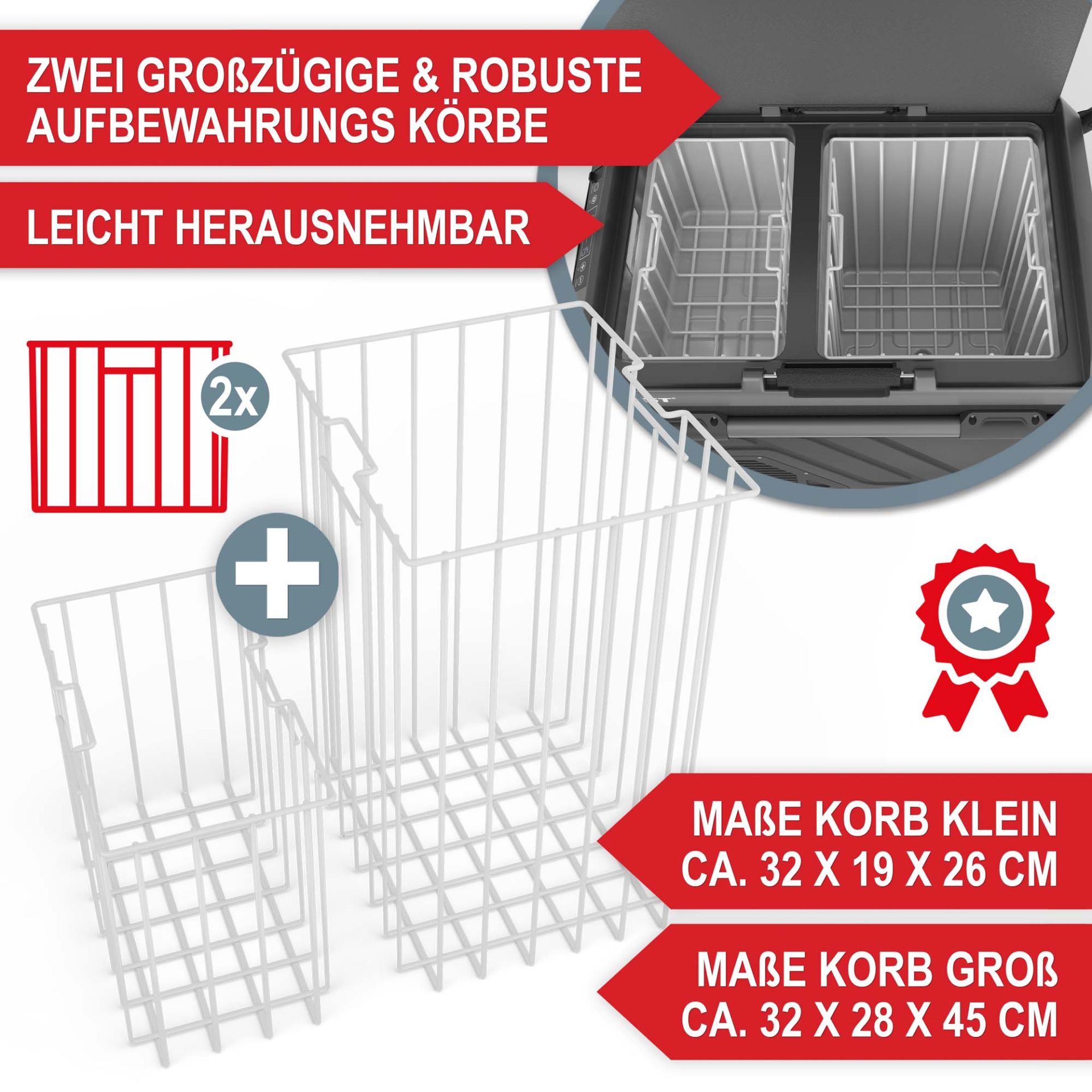 Kompressor Kühlbox 60 Liter - 2 großzügige und robuste Aufbewahrungskörbe; leicht abnehmbar; klein und groß Kompressor Kühlbox 60 Liter - 2 großzügige und robuste Aufbewahrungskörbe; leicht abnehmbar; klein und groß