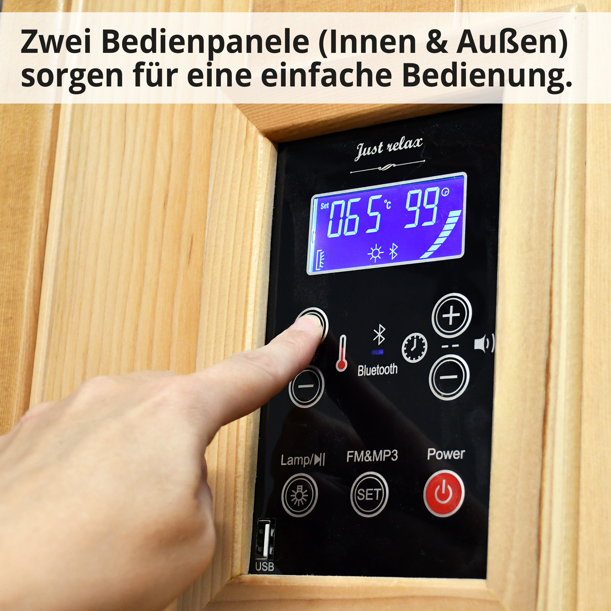 Hecht-Sauna mit zwei Bedienpanelen Innen und Außen für leichte Bedienung 
