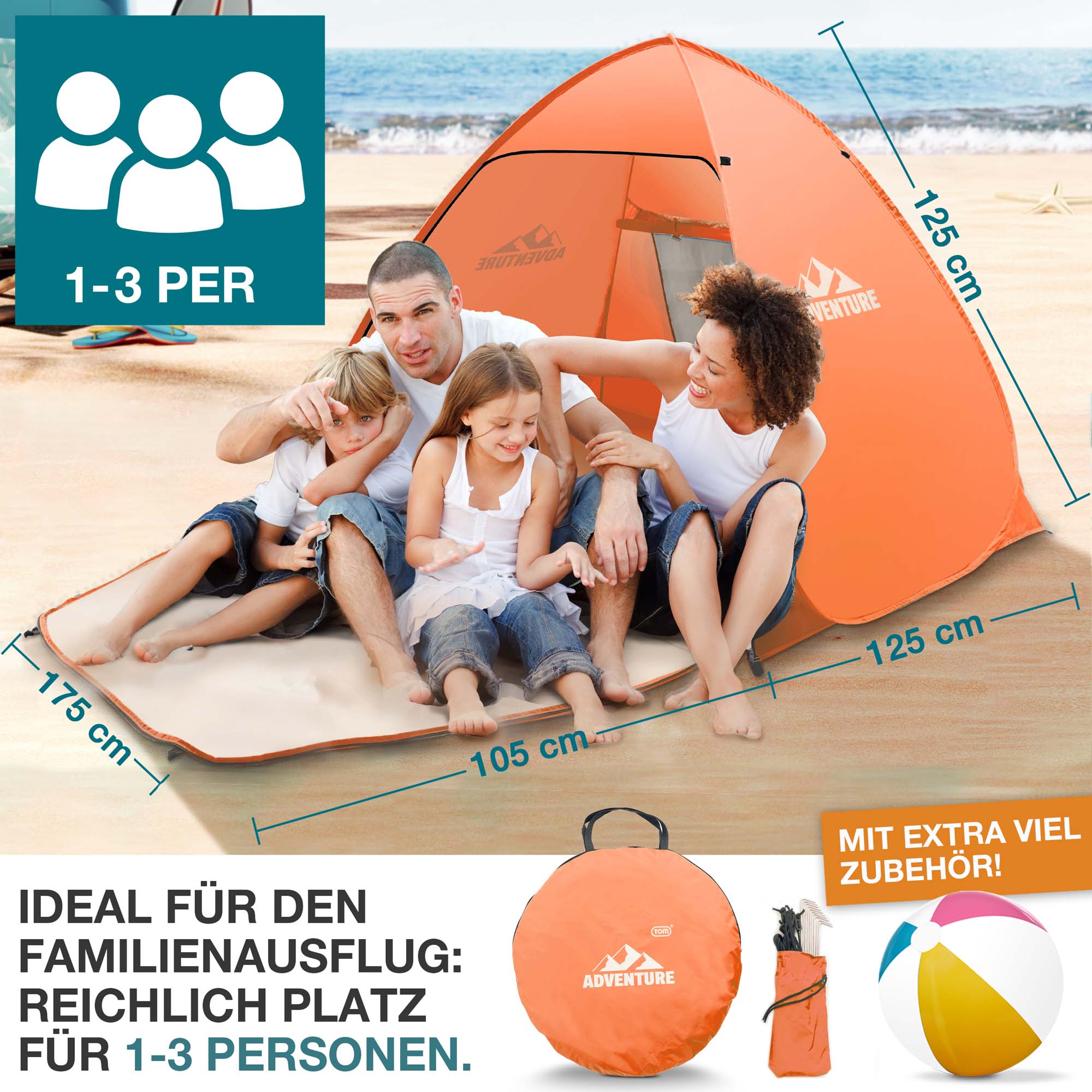 Orange Strandmuschel am Strand bietet Platz für 1-3 Personen mit den Maßen 125 cm Höhe und 105 cm Breite inklusive Tragetasche und extra viel Zubehör ideal für Familienausflüge