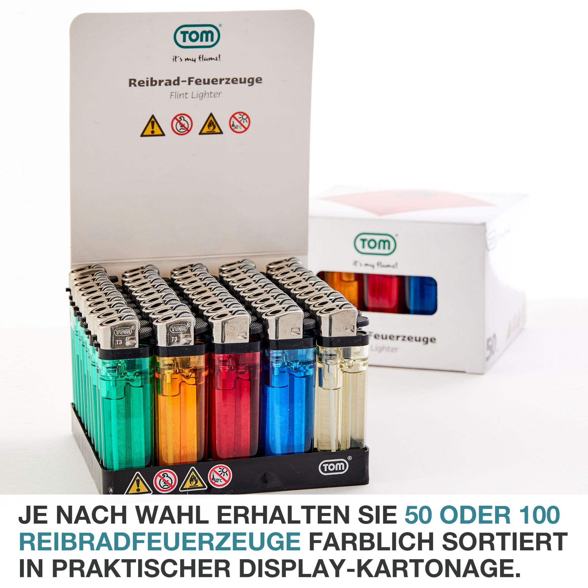 Packung mit 50 oder 100 TOM Reibrad Feuerzeugen, farblich sortiert Packung mit 50 oder 100 TOM Reibrad Feuerzeugen, farblich sortiert