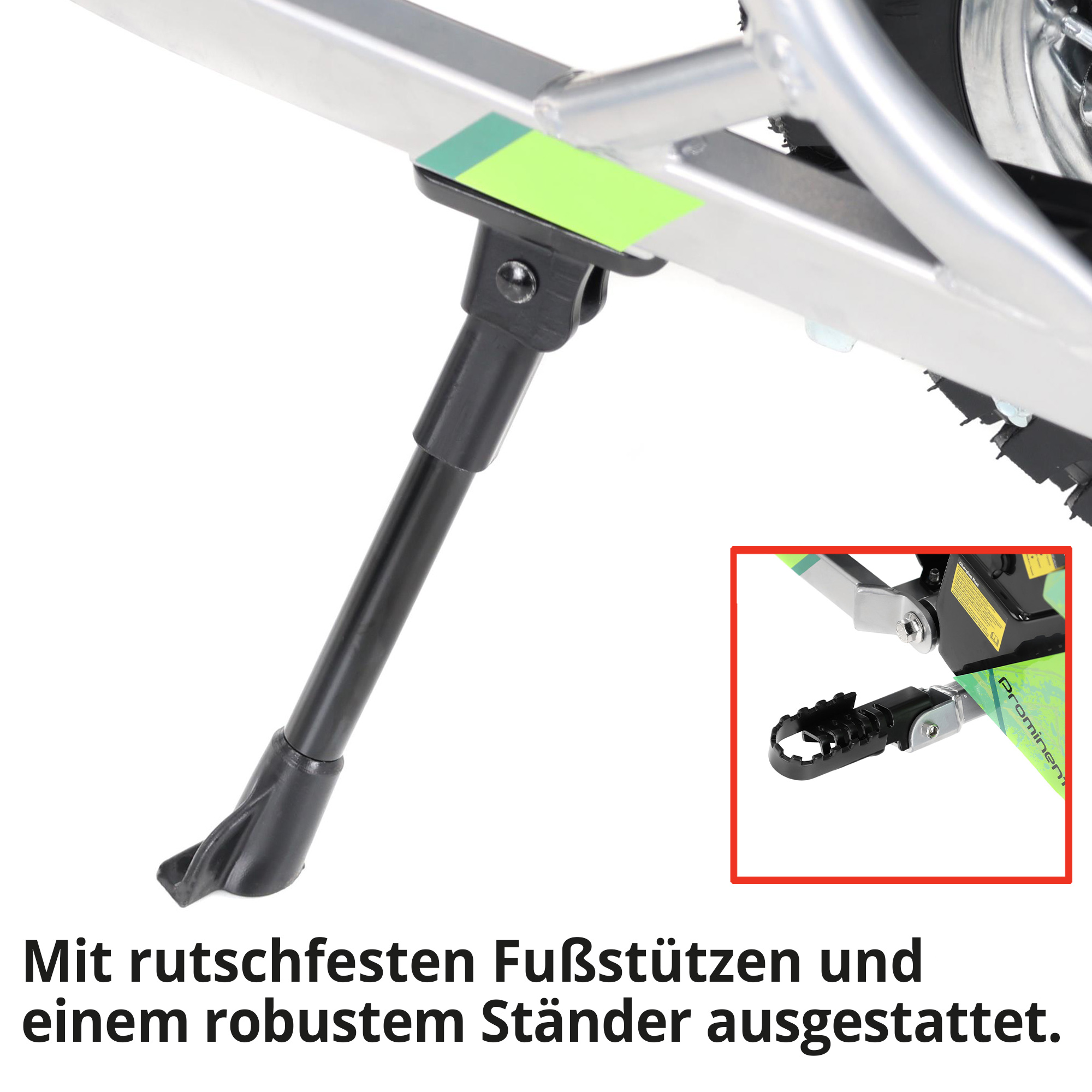 Hecht 54300 Green Pocketbike mit rutschfesten Fußstützen und einem robustem Ständer