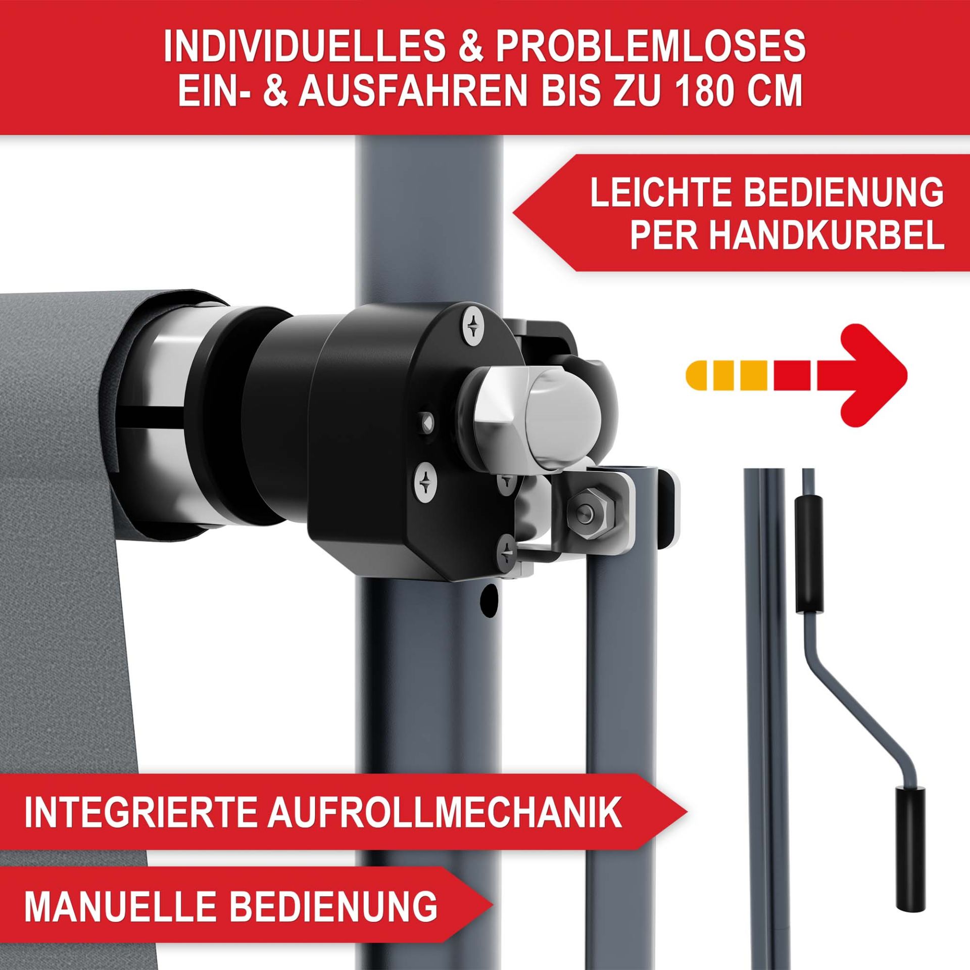 Balkonmarkise M Hellgrau - Individuelles und problemloses ein- und ausfahren bis zu 1,80 Meter, leichte Bedienung per Handkurbel, integrierte Ausrollmechanik, manuelle Bedienung