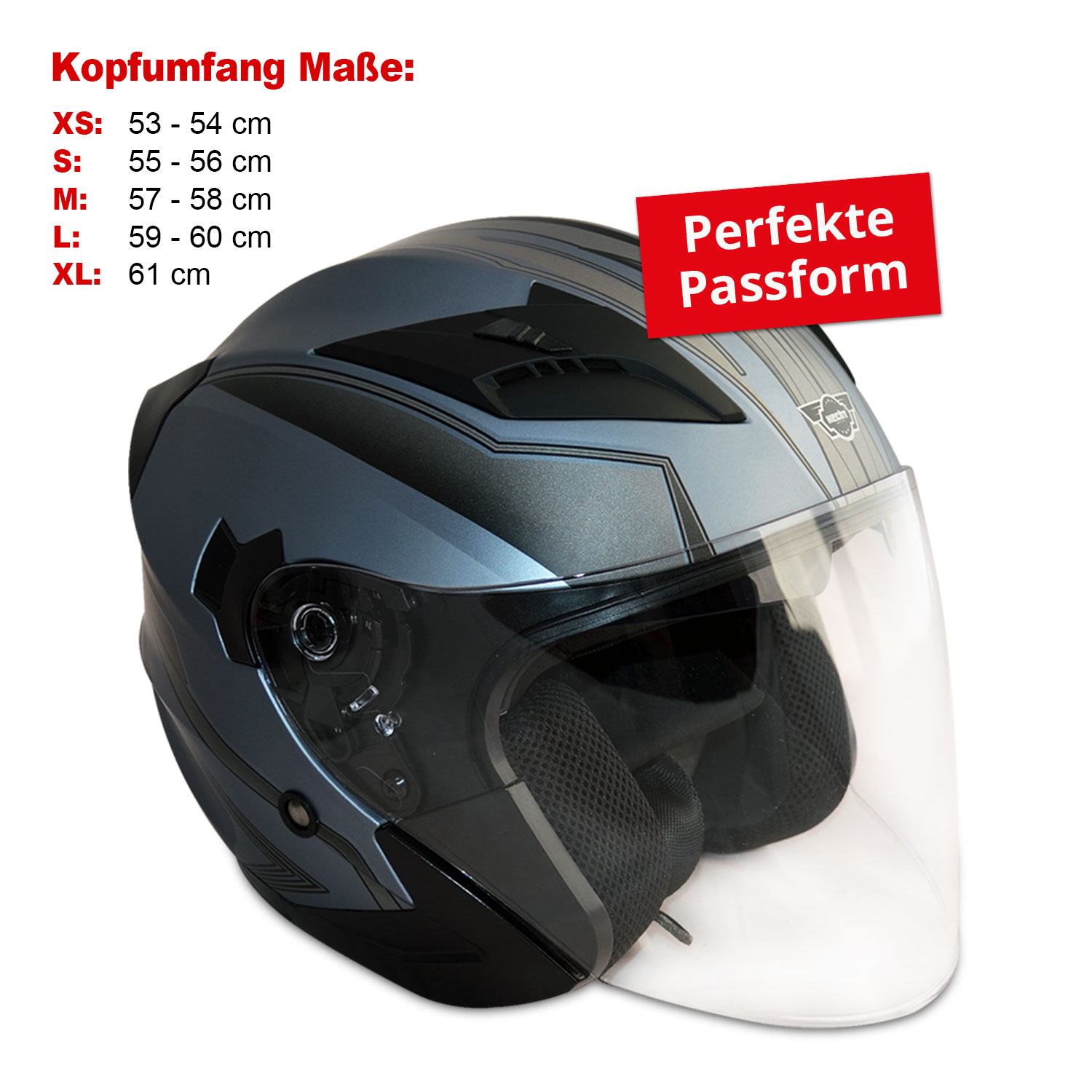 Motorradhelm; Kopfumfange Maße für XS: 53 bis 54 Zentimeter