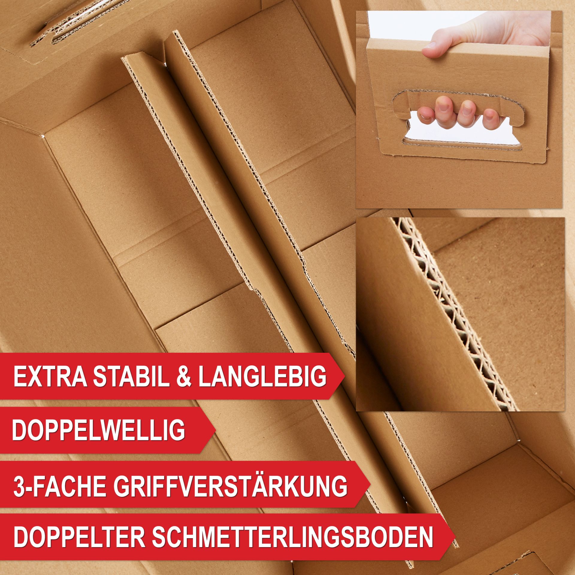 Extra stabil, langlebig, Doppelwellig, 3-Fache Griffverstärkung, doppelter Schmetterlingsboden - Umzugskartons