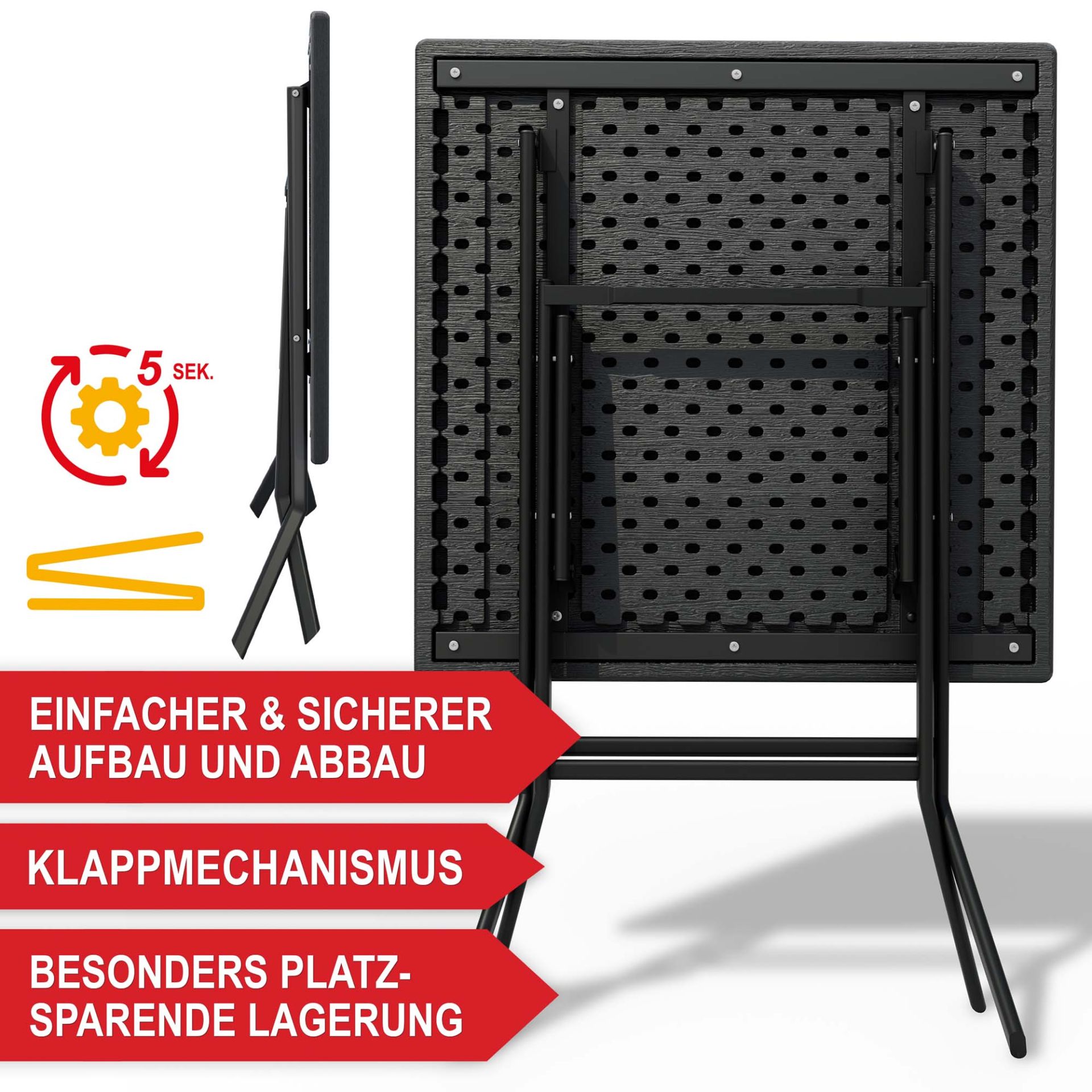 Balkontisch Borkum - Einfacher und sicherer Aufbau und Abbau; Klappmechanismus; Besonders platzsparende Lagerung Balkontisch Borkum - Einfacher und sicherer Aufbau und Abbau; Klappmechanismus; Besonders platzsparende Lagerung