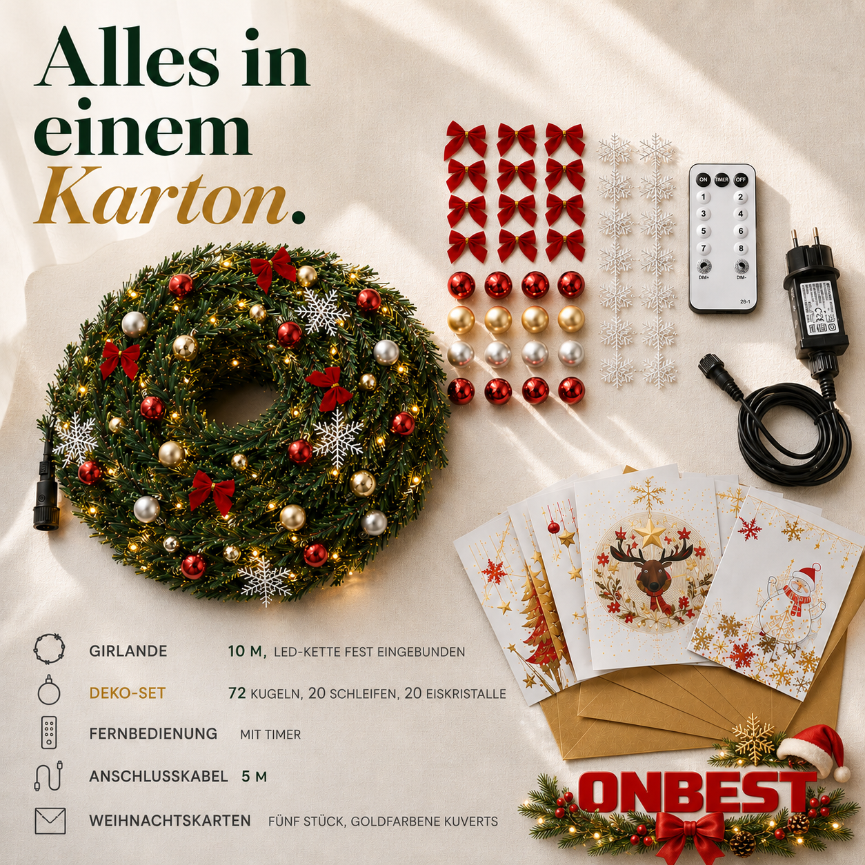 ONBEST Girlanden Set (10 m) mit 72 Kugeln, Schleifen, Fernbedienung und Karten (Dieses Bild wurde mit Hilfe von KI generiert.)