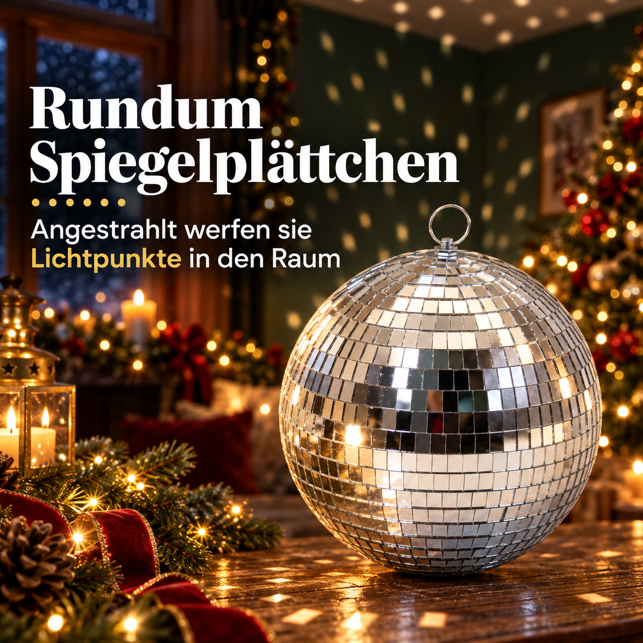 Partykugel ONBEST im Detail: Zweifarbige Spiegelplättchen werfen Lichtpunkte (Dieses Bild wurde mit Hilfe von KI generiert.)