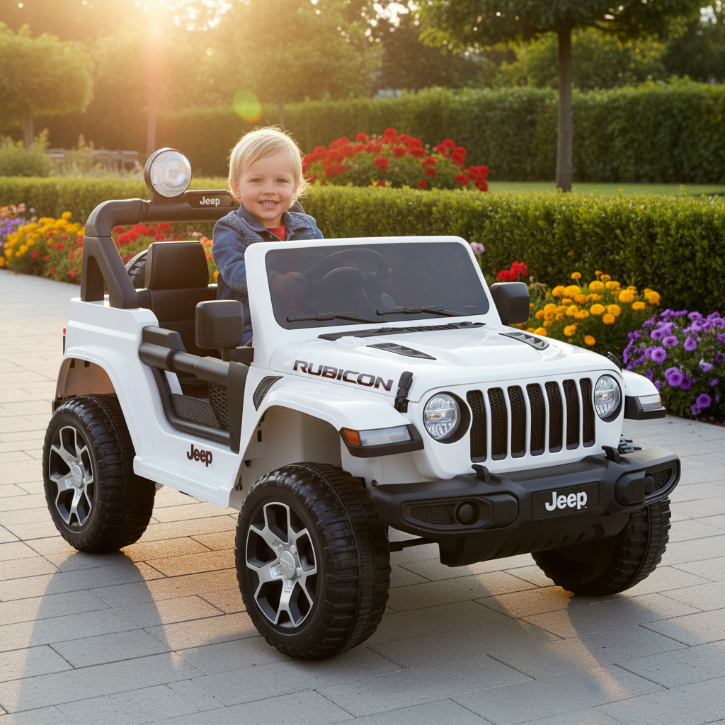 Elektro Jeep HECHT Wrangler Rubicon Weiß mit 2 × 35 W Motoren und Akku 12 V