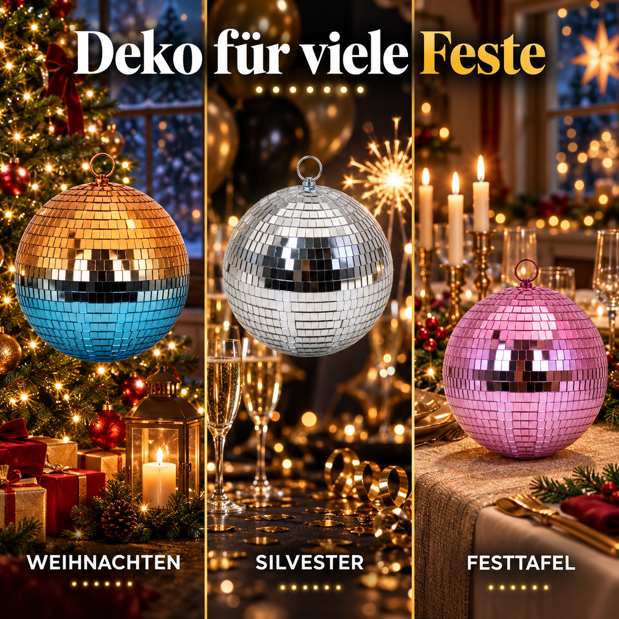 Vielseitige Disco-Kugeln: Perfekte Deko für Weihnachten und Silvester (Dieses Bild wurde mit Hilfe von KI generiert.)