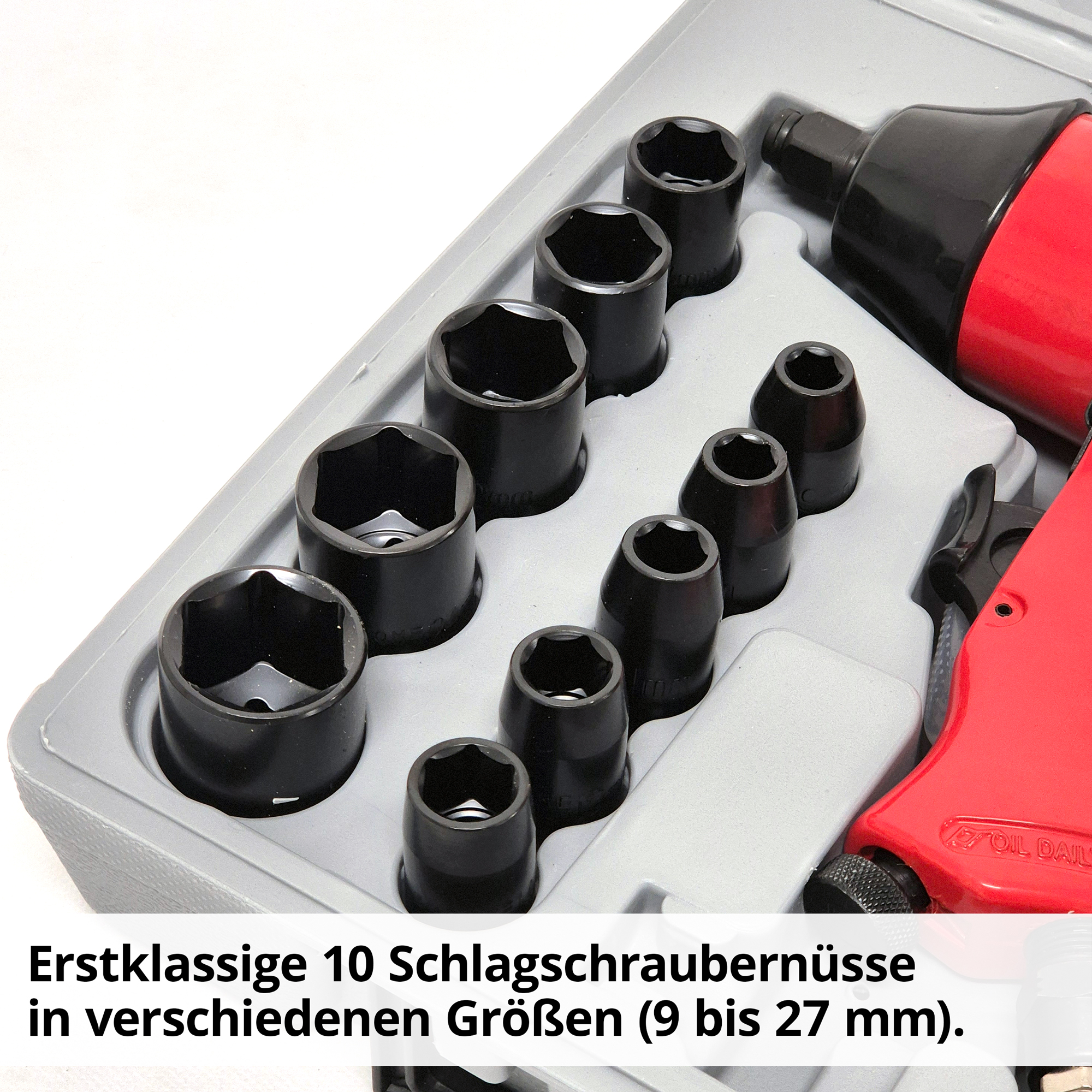 Druckluft Schlagschrauber Set mit erstklassigen 10 Schlagschraubernüssen in verschiedenen Größen