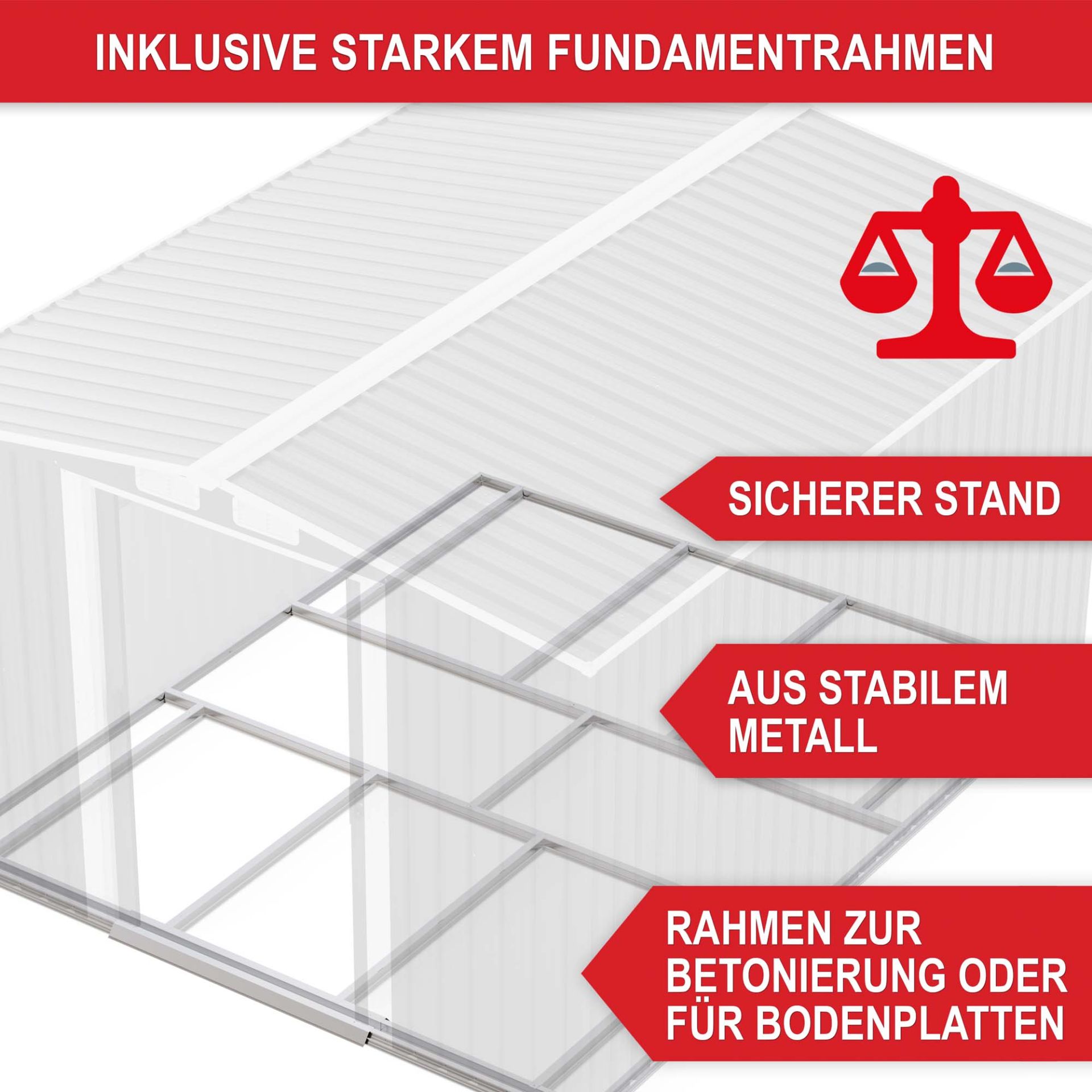 Gerätehaus mit stabilem Fundamentrahmen