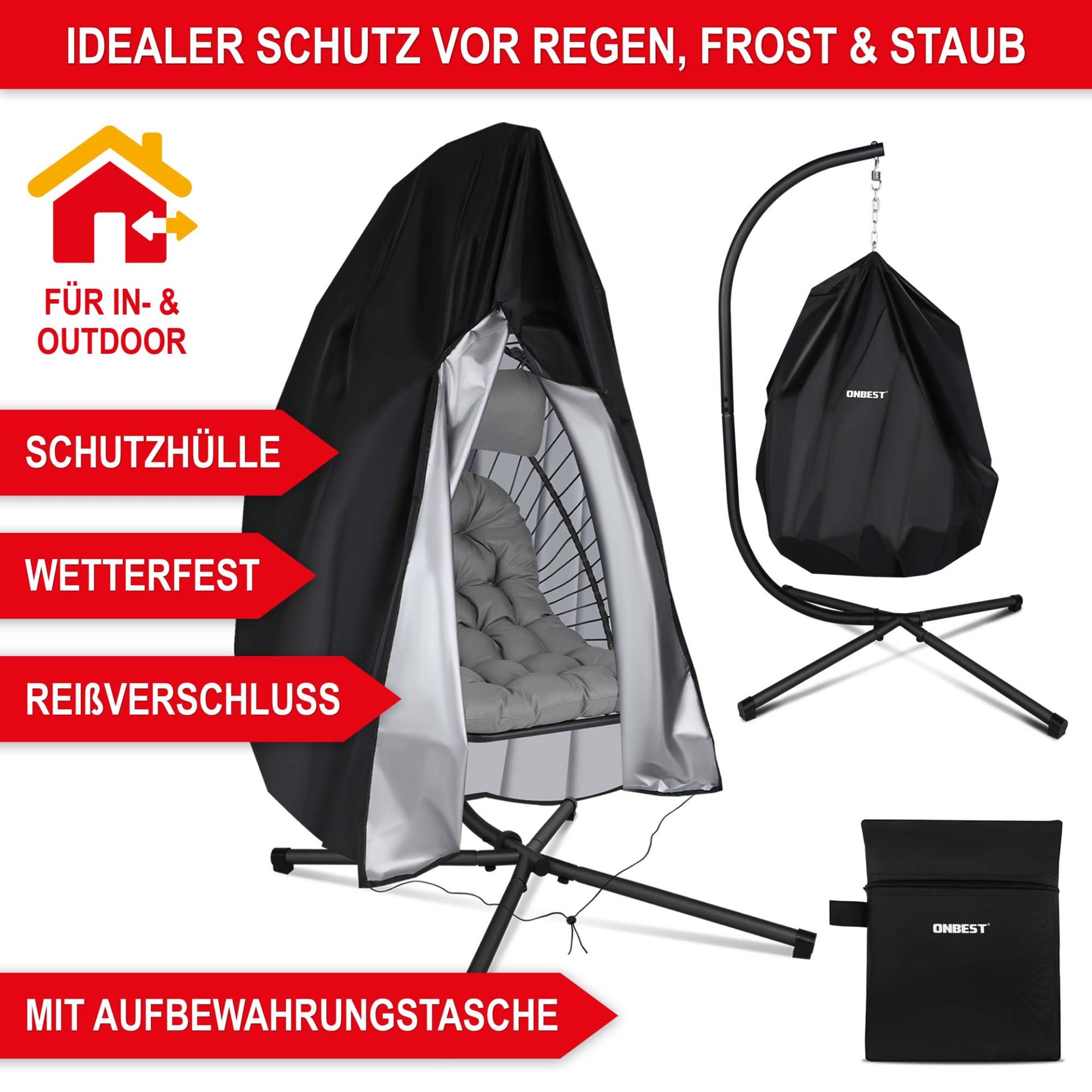 Hängesessel grau - Schutzhülle, wetterfest, Reißverschluss, mit Aufbewahrungstasche