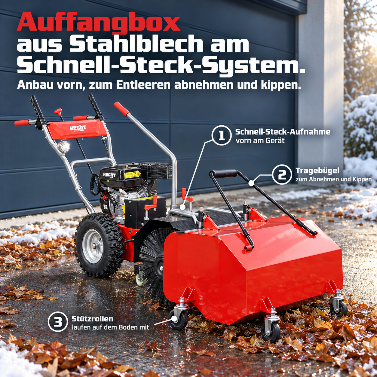 HECHT Kehrmaschine mit abnehmbarer Stahlblech-Auffangbox zum Entleeren (Dieses Bild wurde mit Hilfe von KI generiert.)