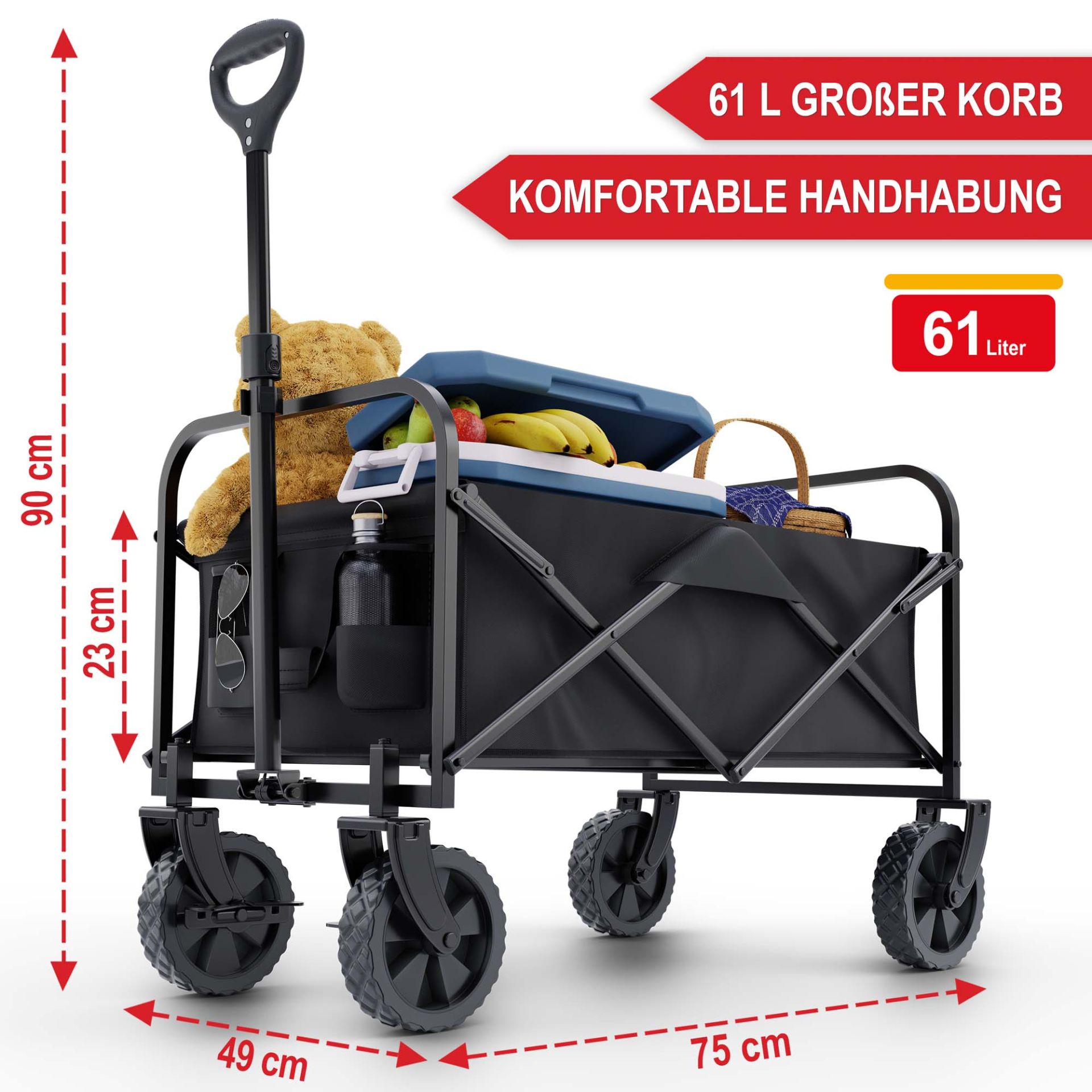 Bollerwagen schwarz - Großer Korb, komfortable Handhabung