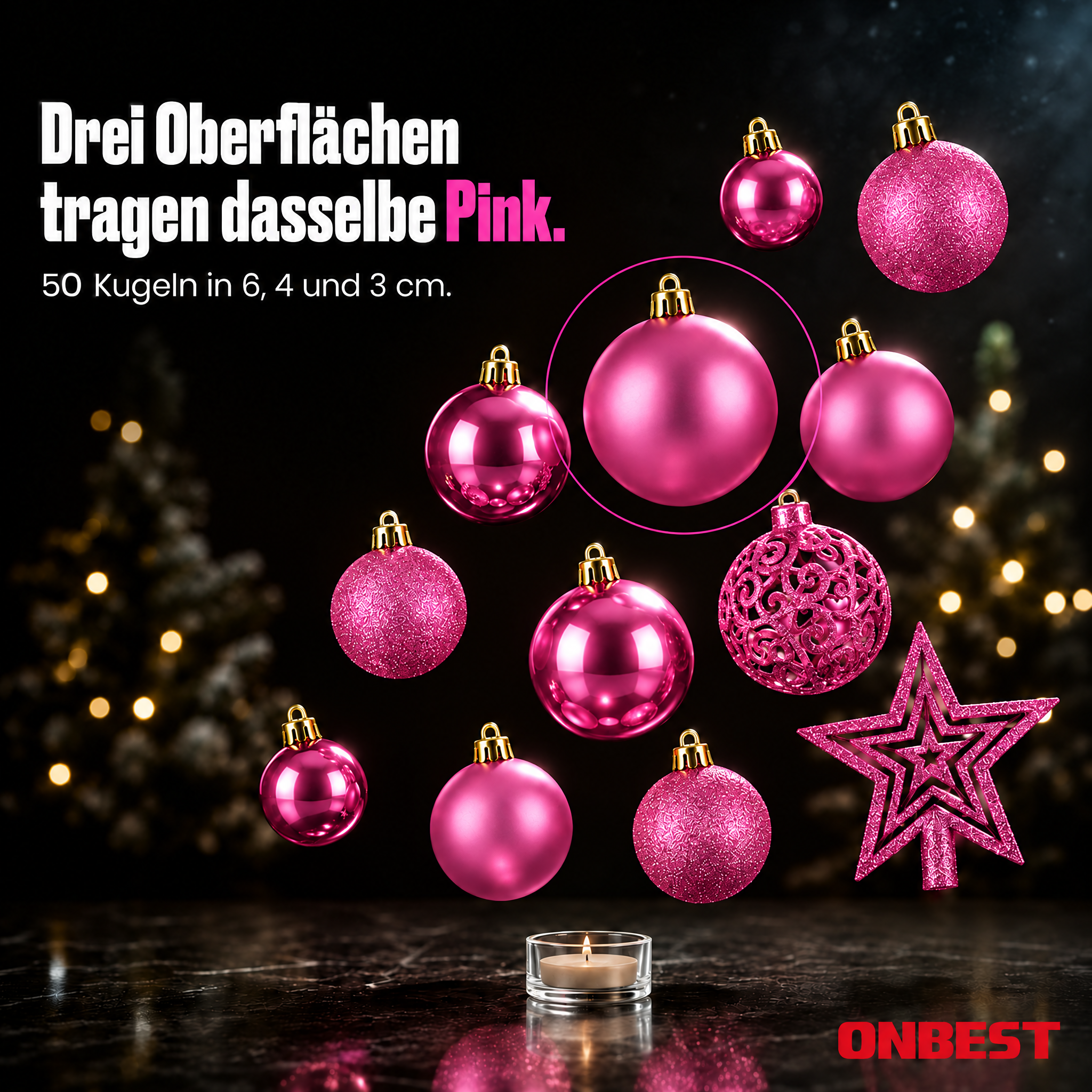 ONBEST Christbaumkugeln Pink: Drei Oberflächen und Größen im Set. (Dieses Bild wurde mit Hilfe von KI generiert.)