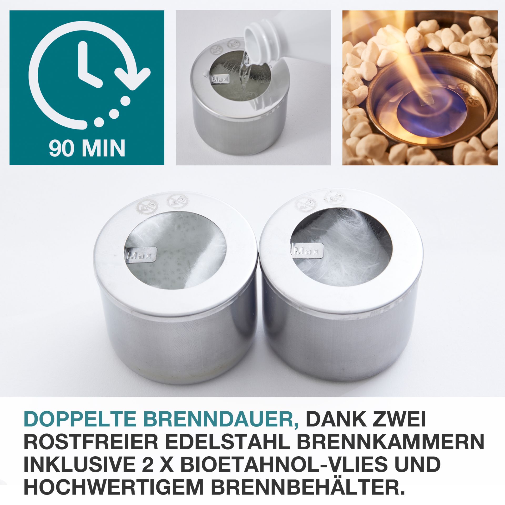 TOM Tischkamin Rund; zwei Brennkammern mit jeweils 90 Minuten Brenndauer TOM Tischkamin Rund; zwei Brennkammern mit jeweils 90 Minuten Brenndauer
