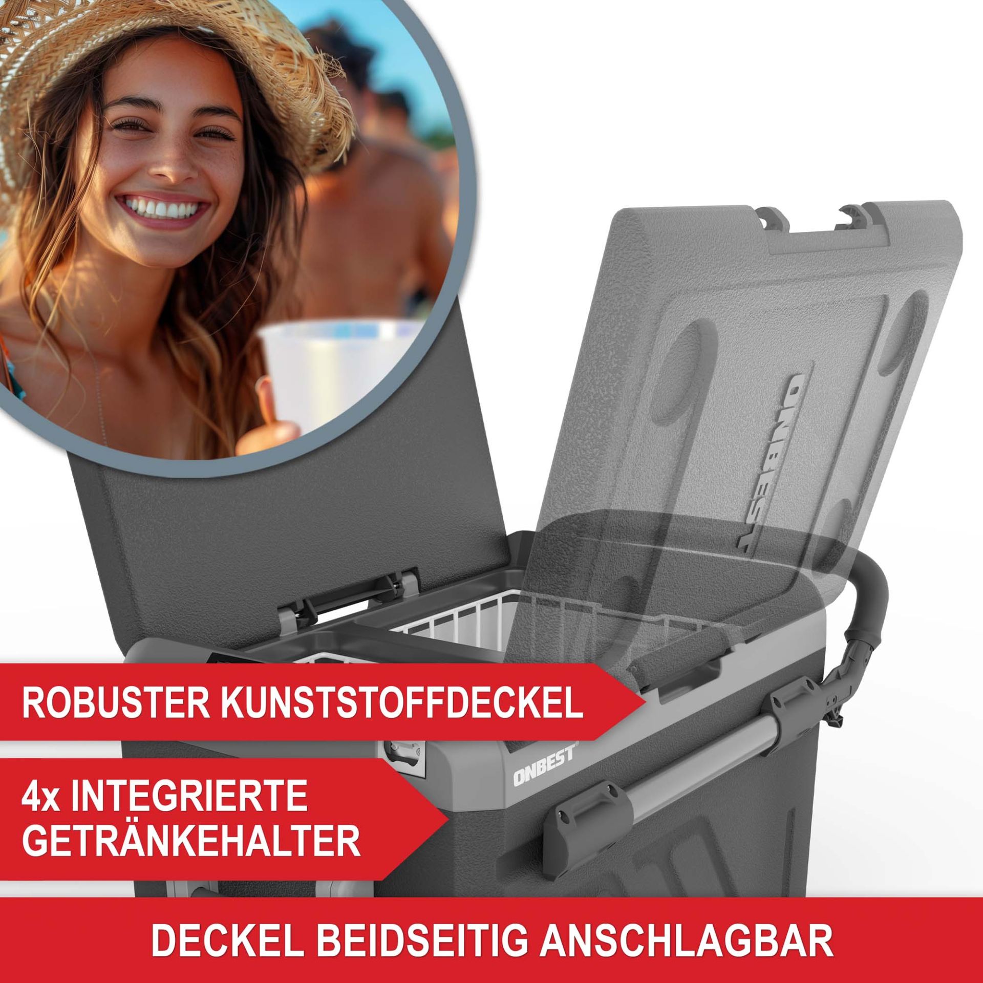 Kompressor Kühlbox 60 Liter - Robuster Kunststoffdeckel; inklusive 4 integrierter Getränkehalter; Deckel beidseitig anschlagbar Kompressor Kühlbox 60 Liter - Robuster Kunststoffdeckel; inklusive 4 integrierter Getränkehalter; Deckel beidseitig anschlagbar