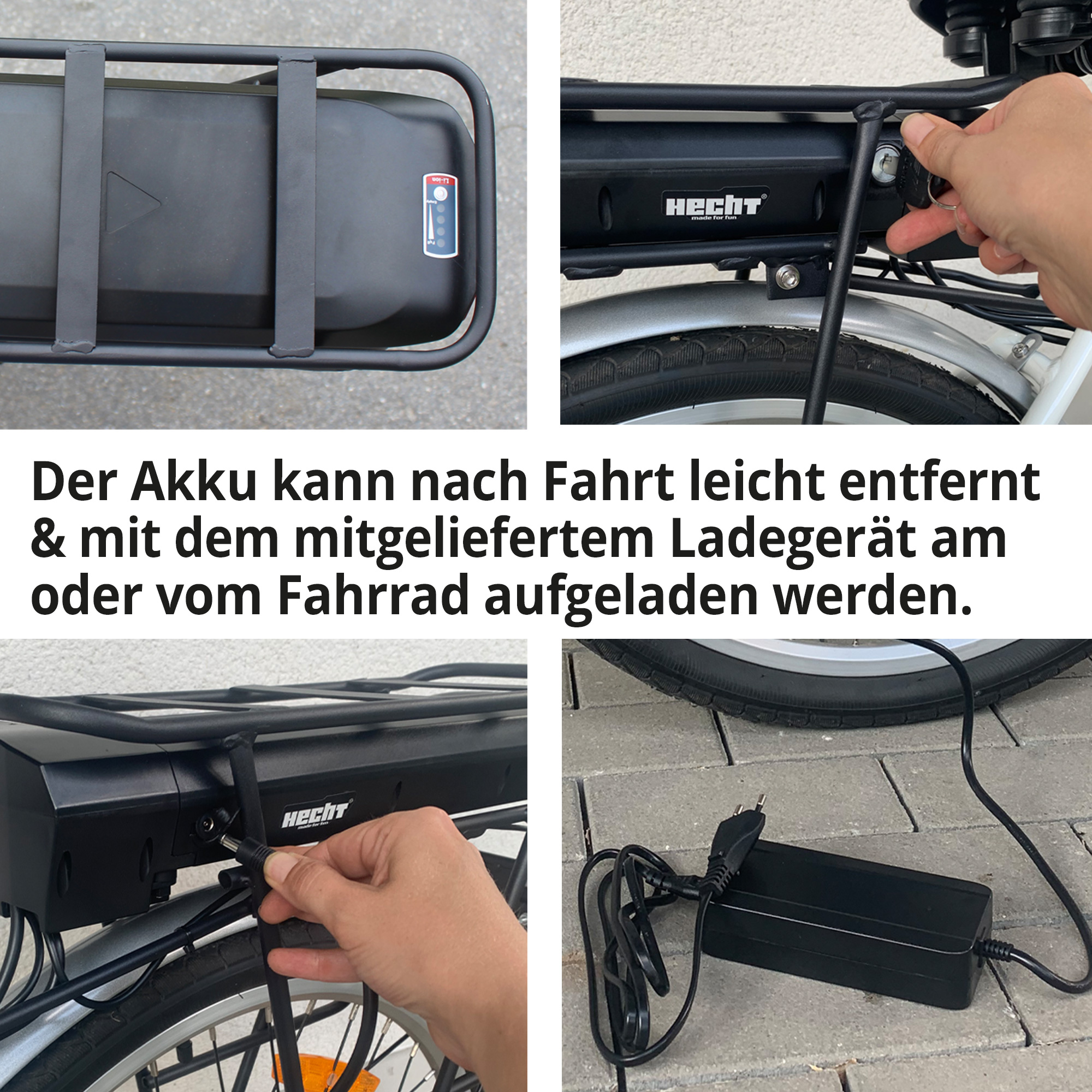 E-Bike Akku zum Entnehmen und Laden mit Ladegerät am oder außerhalb des Rads