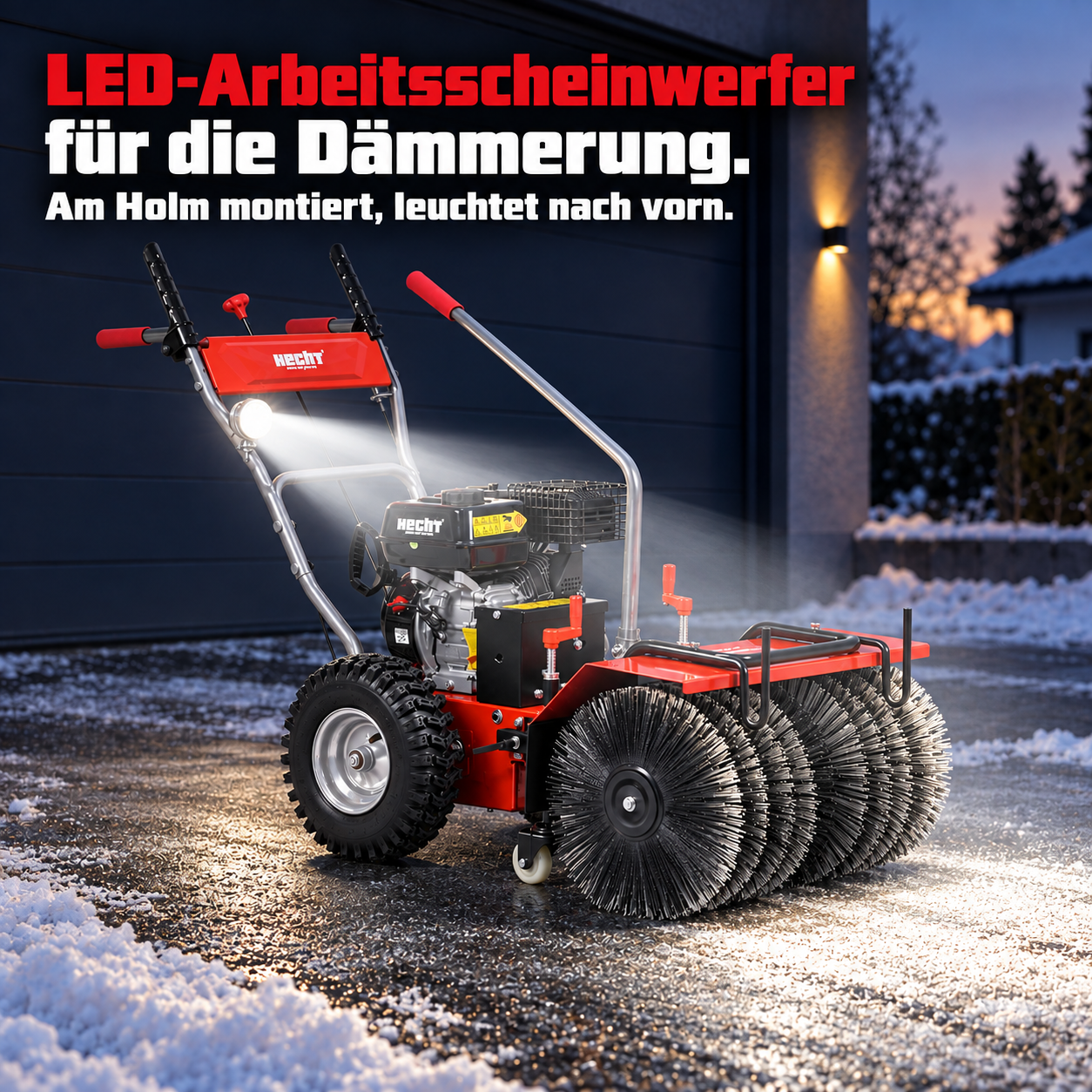 HECHT Benzin-Kehrmaschine mit leuchtendem LED-Arbeitsscheinwerfer am Holm (Dieses Bild wurde mit Hilfe von KI generiert.)