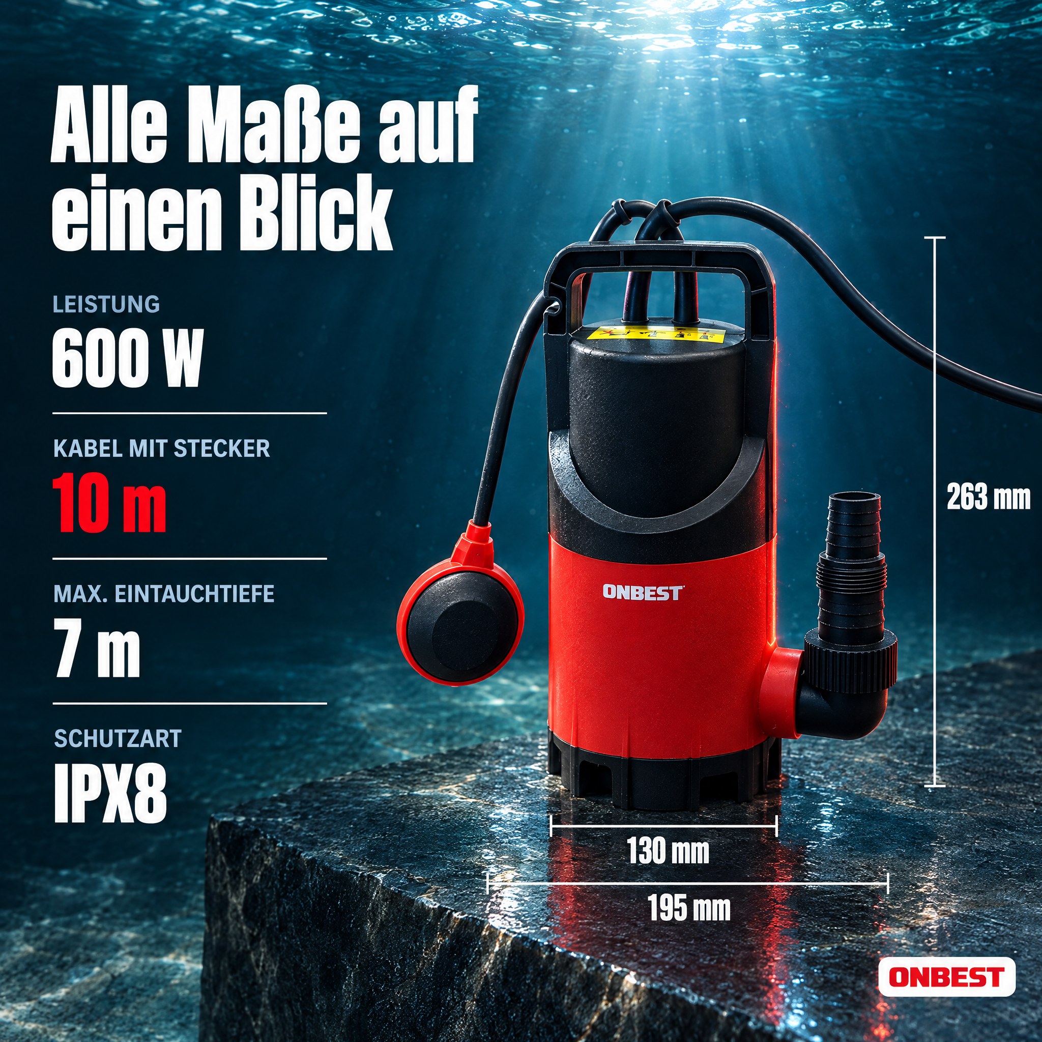 Maße Schmutzwasserpumpe: 263 mm Höhe, 600 W Leistung und IPX8 Schutzart (Dieses Bild wurde mit Hilfe von KI generiert.)