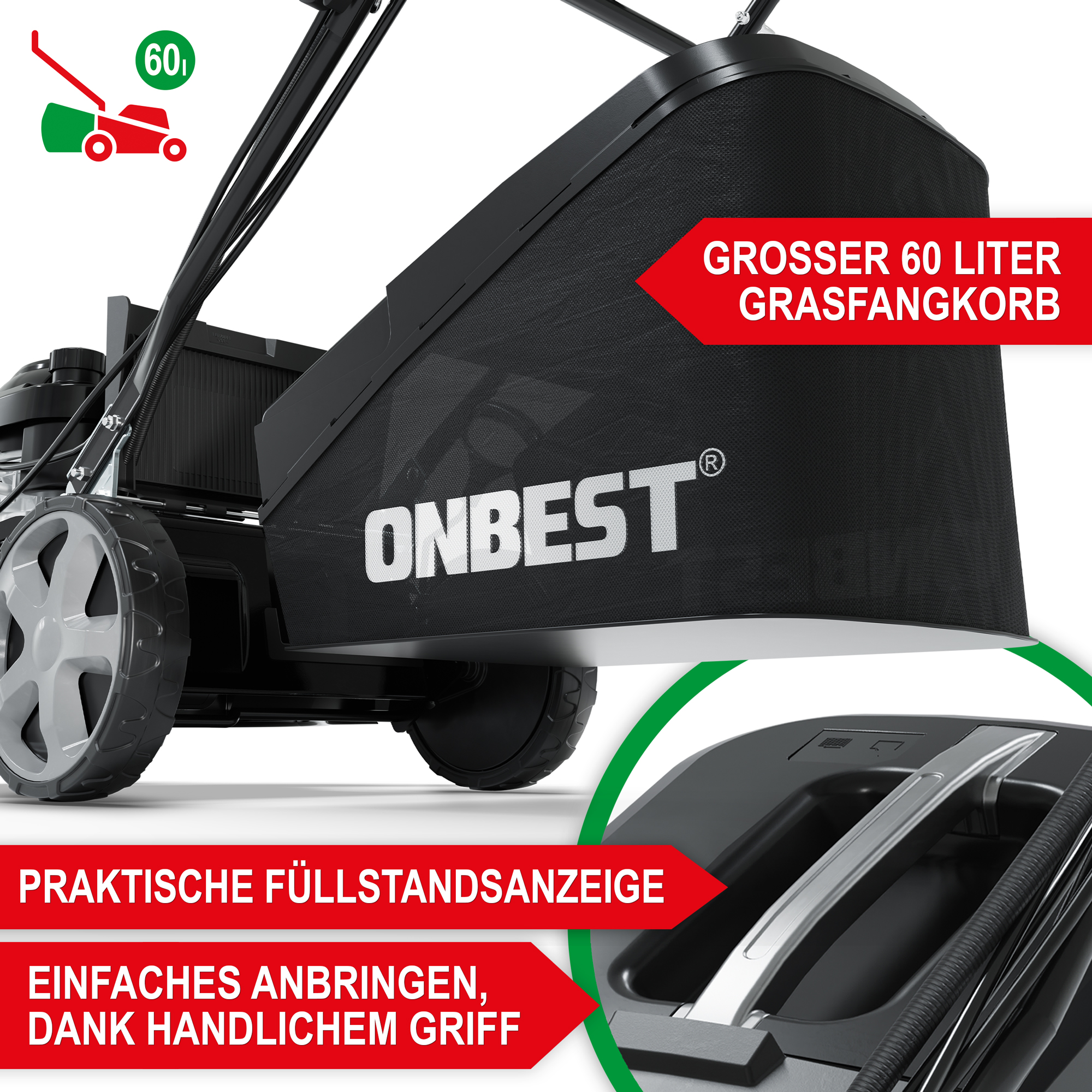 Rasenmäher TXC-3646 - Großer Grasfangkorb; praktische Füllstandsanzeige; einfaches anbringen dank handlichem Griff