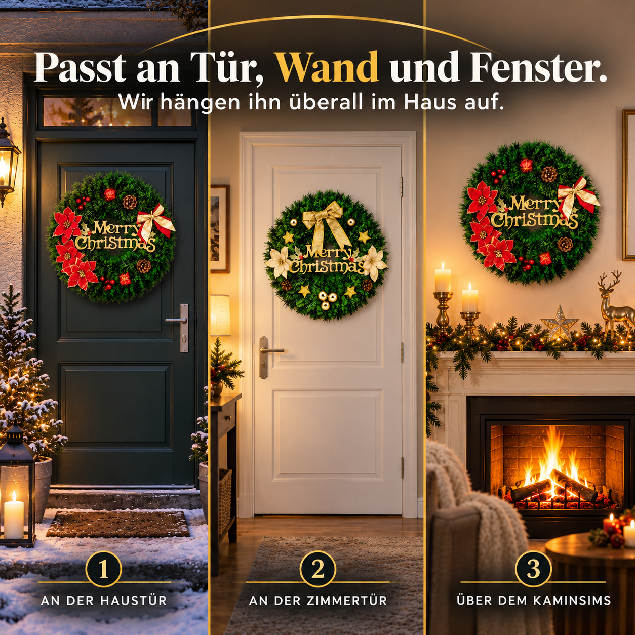 Deko-Kranz vielseitig: Ideal für die Haustür, Zimmertür oder den Kaminsims (Dieses Bild wurde mit Hilfe von KI generiert.)