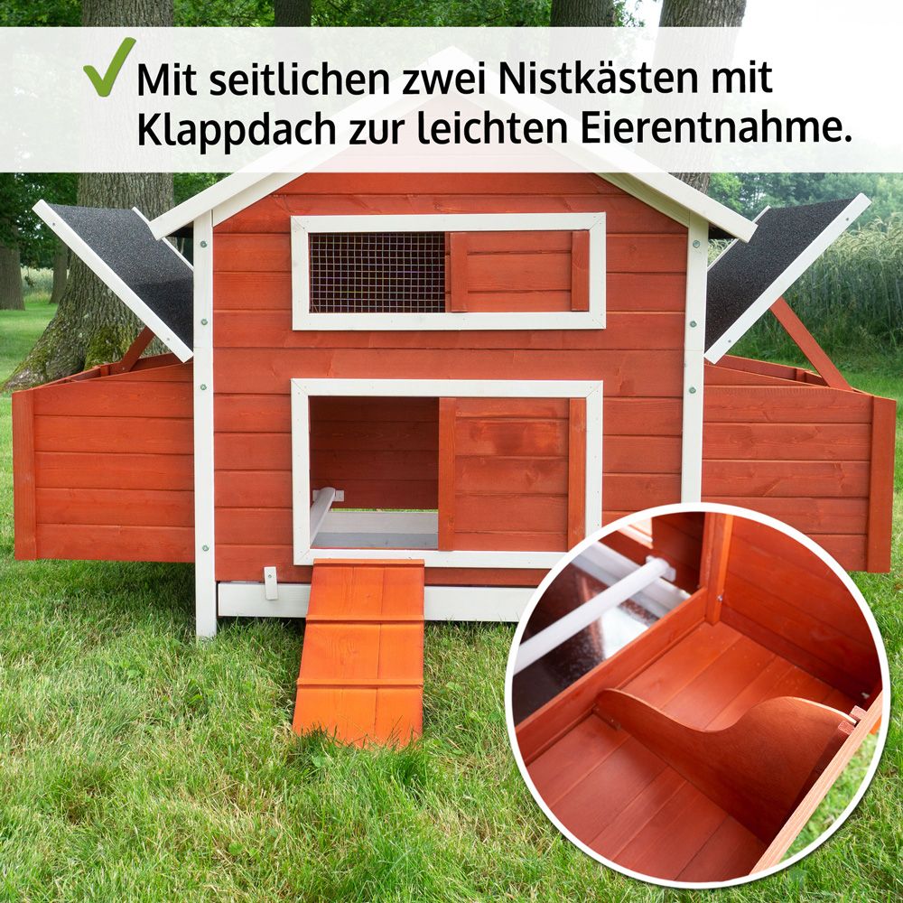 Hühnervoliere Betty Rot; zwei Nistkästen mit Klappdach