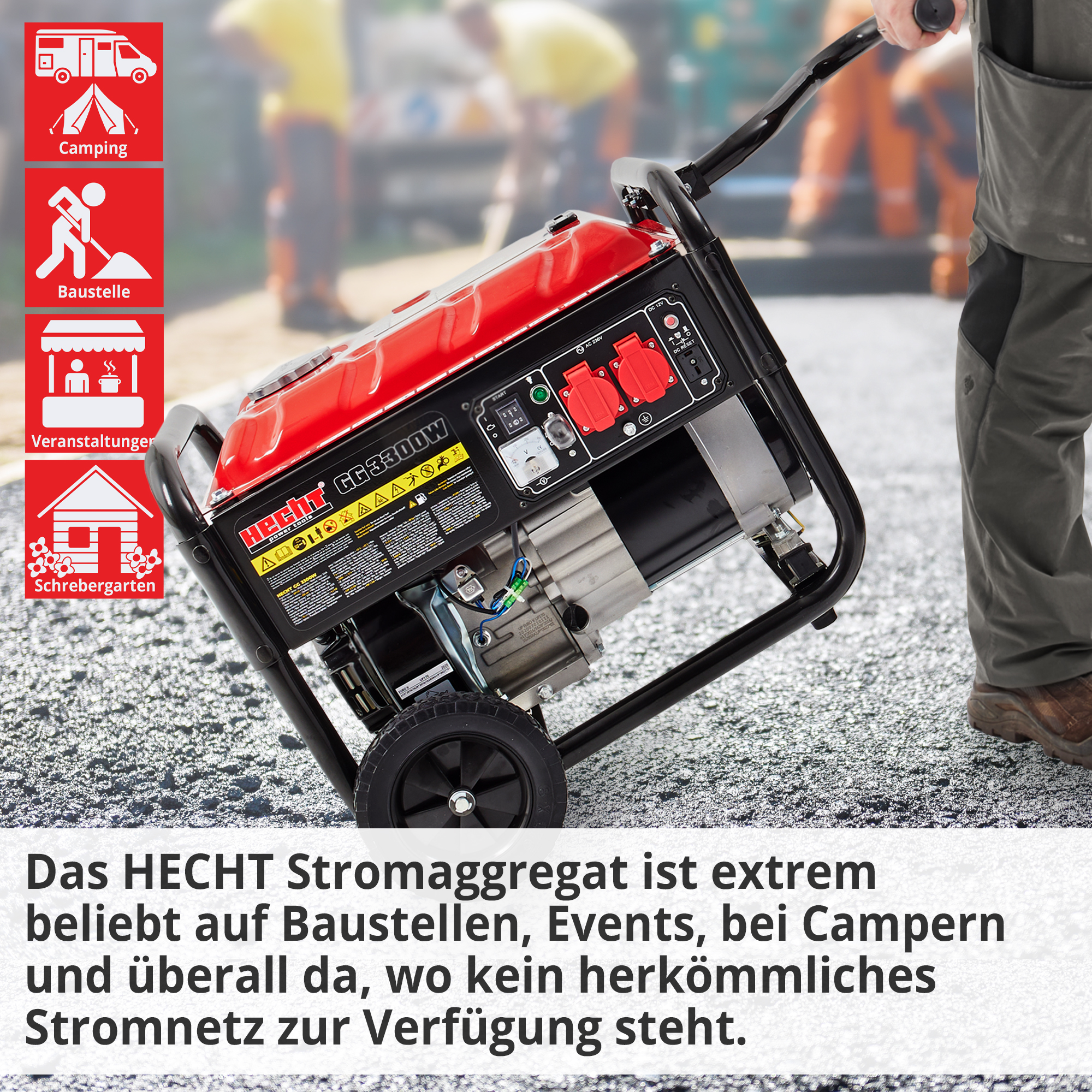 Notstromaggregat Benzin; Das Stromaggregat ist extrem beliebt auf Baustellen, Events, bei Campern und überall da, wo kein herkömmliches Stromnetz zu Verfügung steht