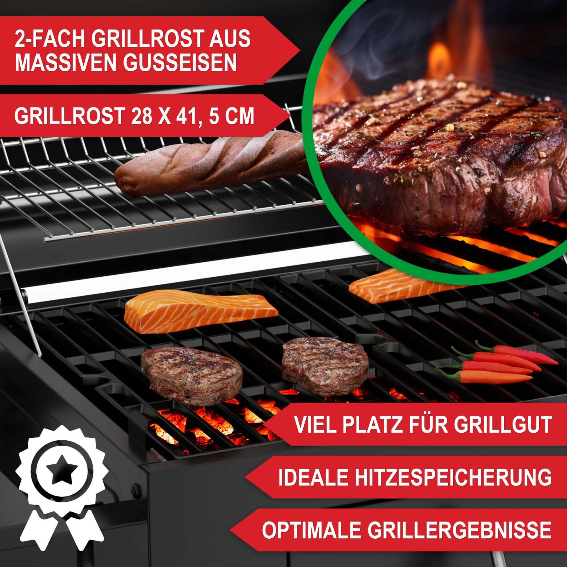 Holzkohlegrill Austin - 2-Fach Grillrost aus massiven Gusseisen; viel Platz für Grillgut; ideale Hitzespeicherung; optimale Grillergebnisse