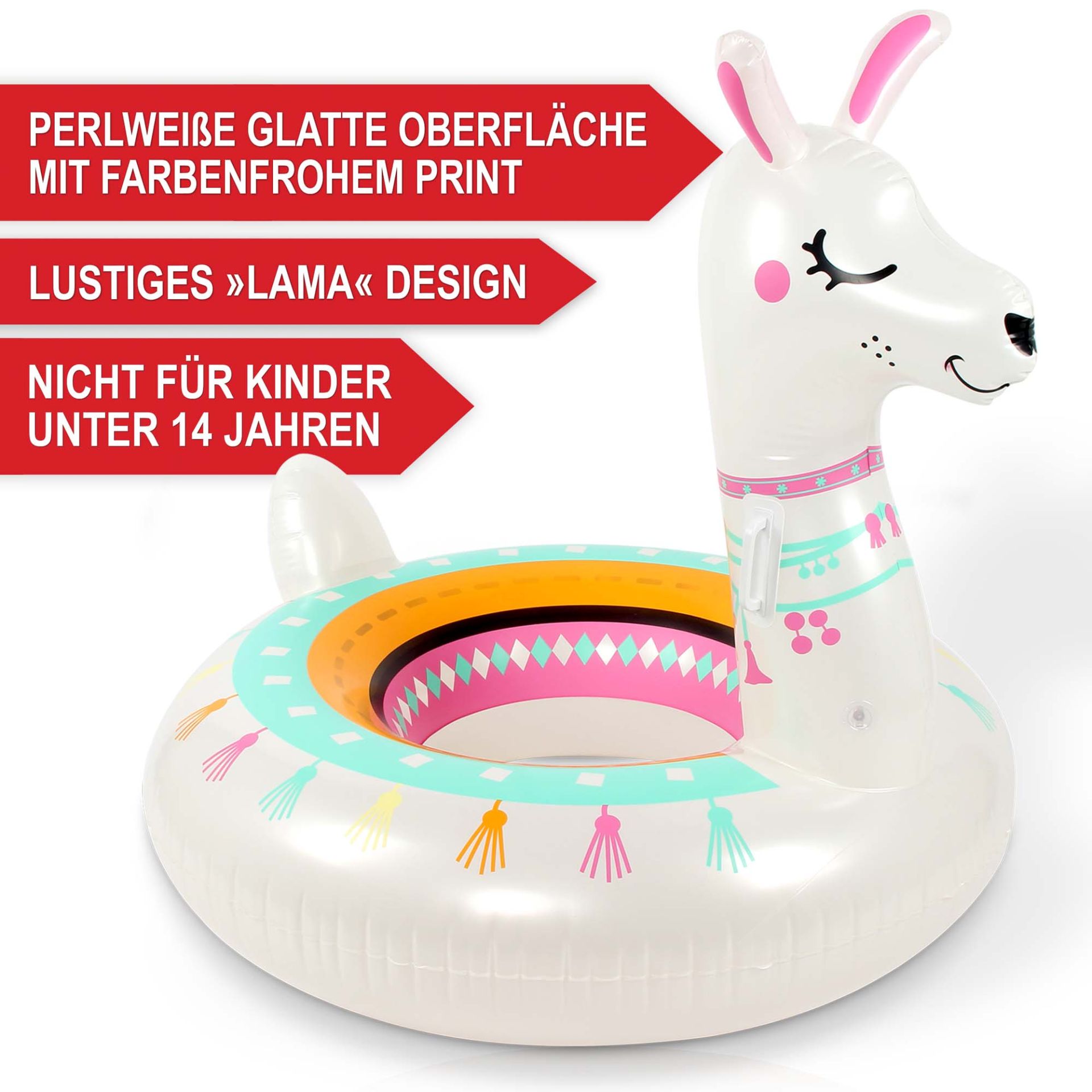 Schwimmtier Lama - perlweiße glatte Oberfläche mit farbenfrohem Print, lustiges Lama Design, nicht für Kinder unter 14 Jahren