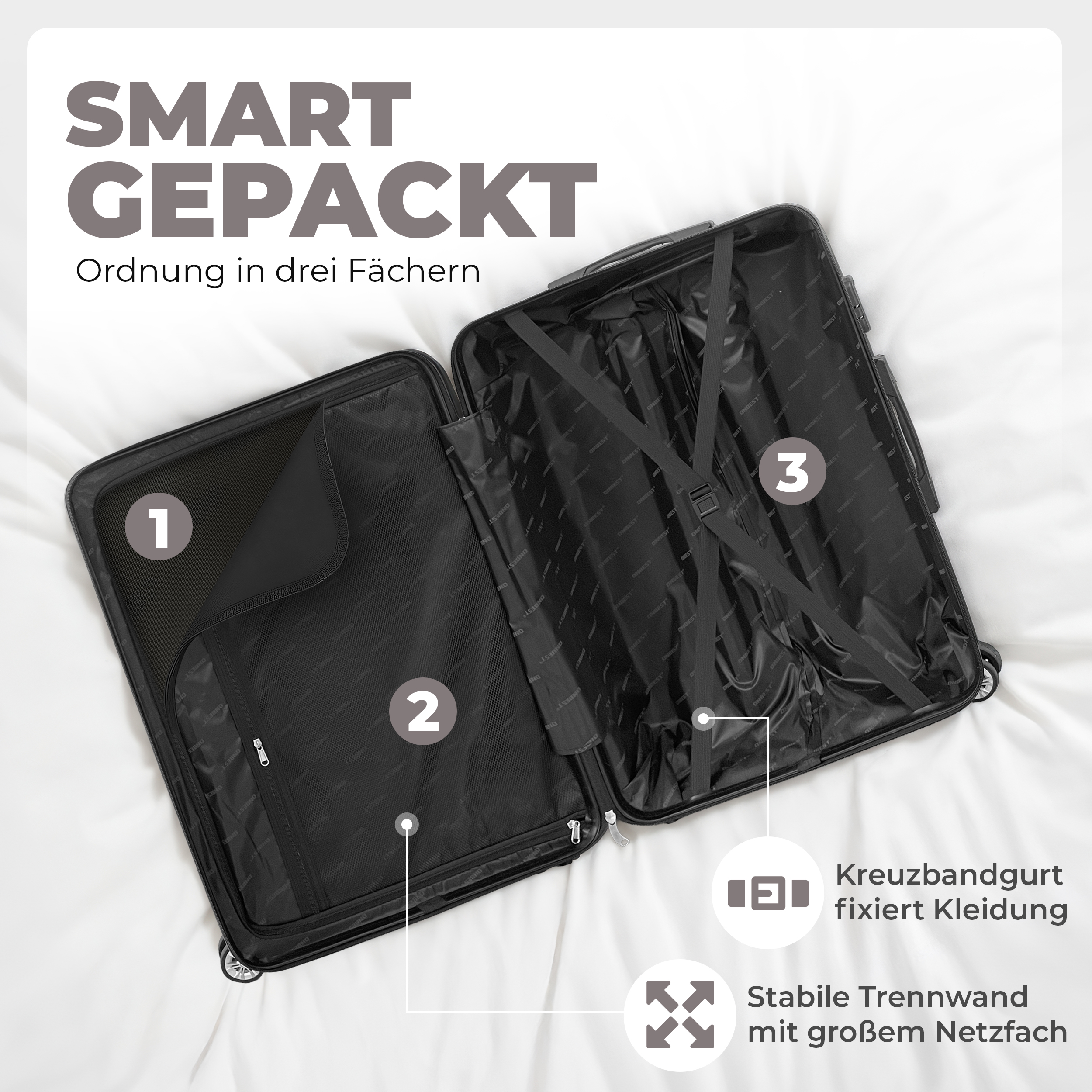 Gepäckset ONBEST Champagner mit Trennwand, Netzfach und Kreuzspanngurt