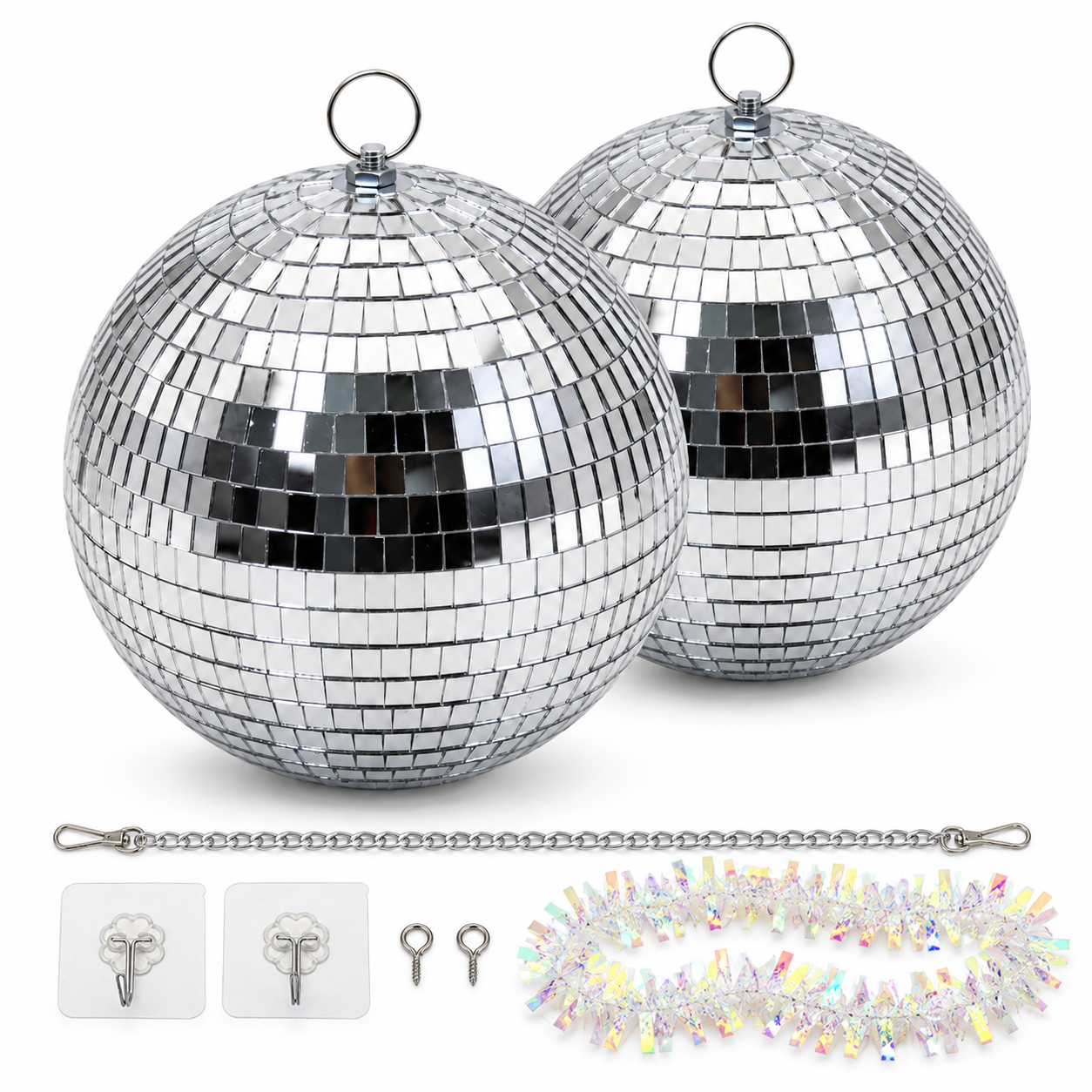 2er Set Discokugeln 2 Stück in Silber mit Zubehör (Dieses Bild wurde mit Hilfe von KI generiert.)